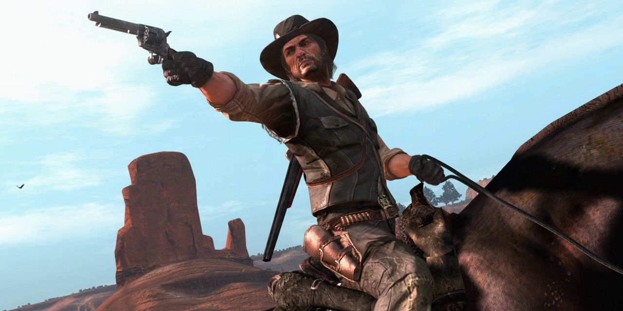 Red Dead Redemption - John Marston pointing a gun while riding a horse