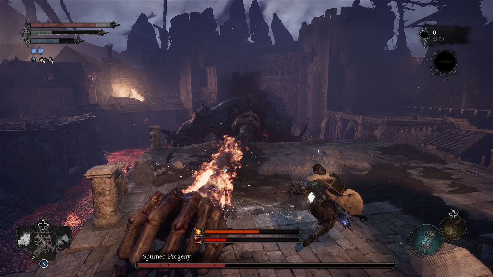 The player is dodging the Spurned Progeny third arm attack Lords of the Fallen