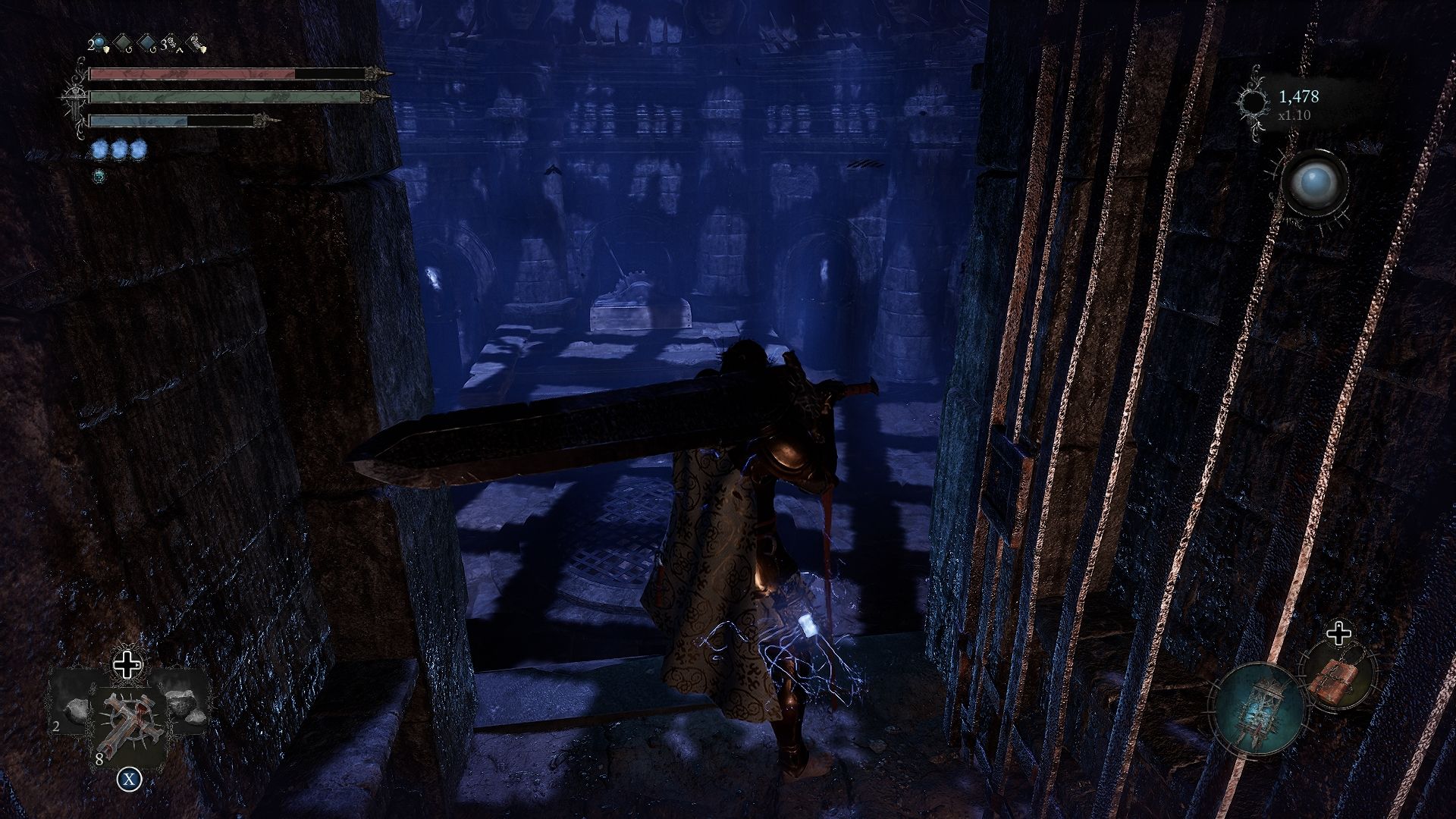 The player is positioned in front of the lever accessible through the door unlocked by the Drainage Control Key in Lords of the Fallen