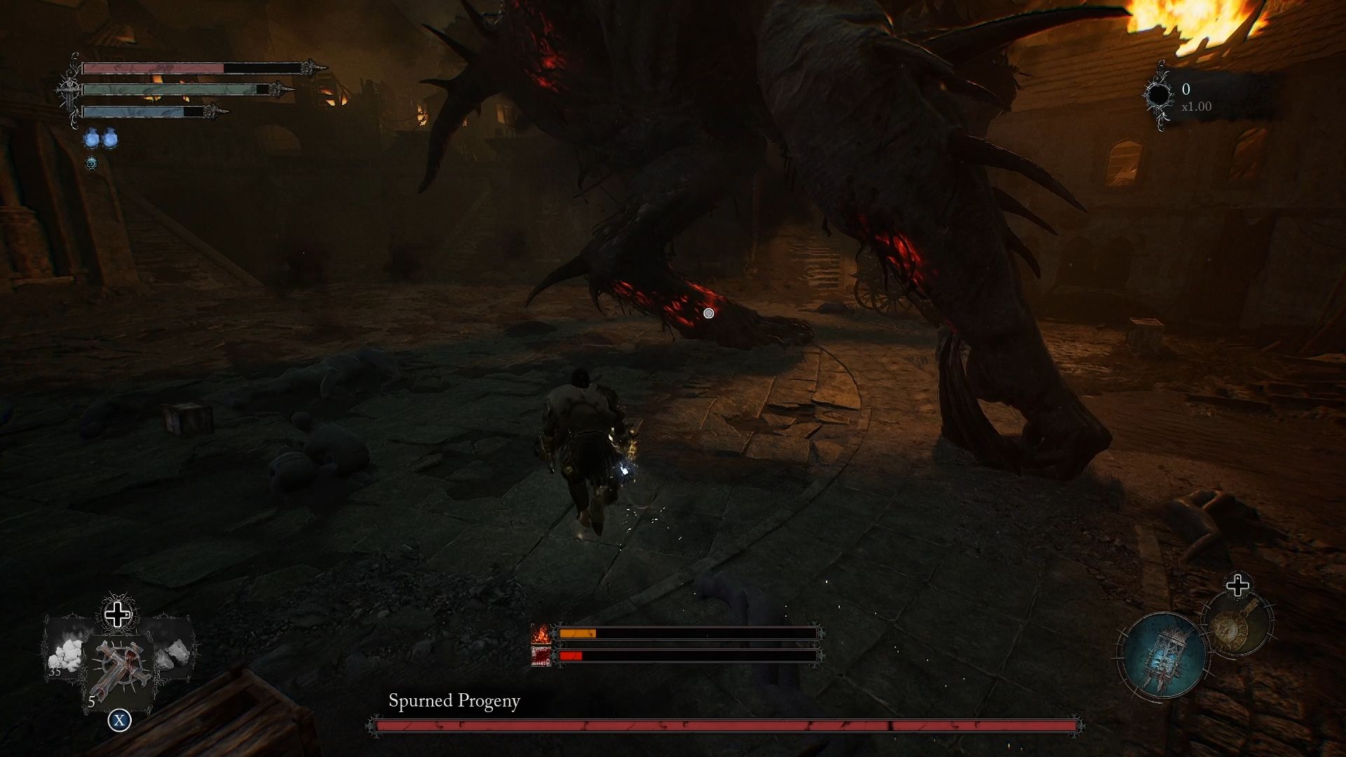 The player is running toward the right foot of The Spurned Progeny Lords of the Fallen 