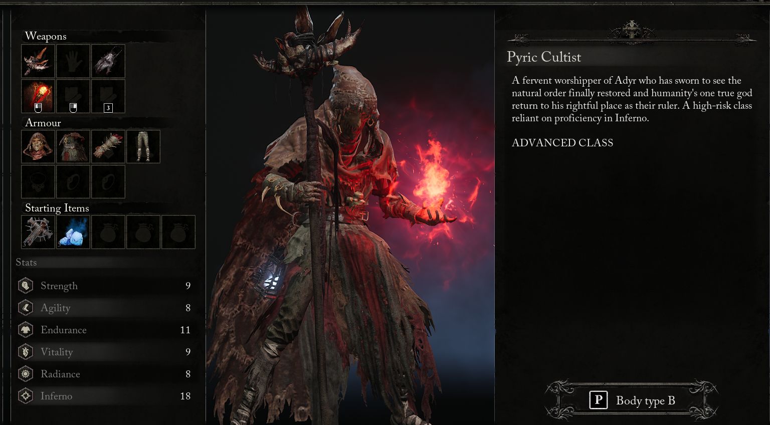 the Pyric Cultist starting class in Lords of the Fallen