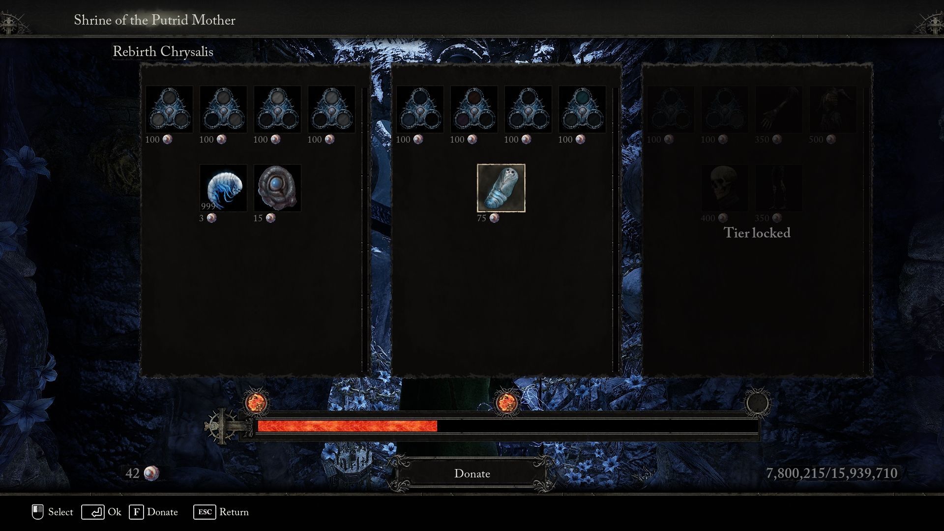 The Shrine of the Putrid Mother is at the second Tier and let you buy Rebirth Chrysalis at the cost of 75 Plucked Eyeballs Lords of the Fallen