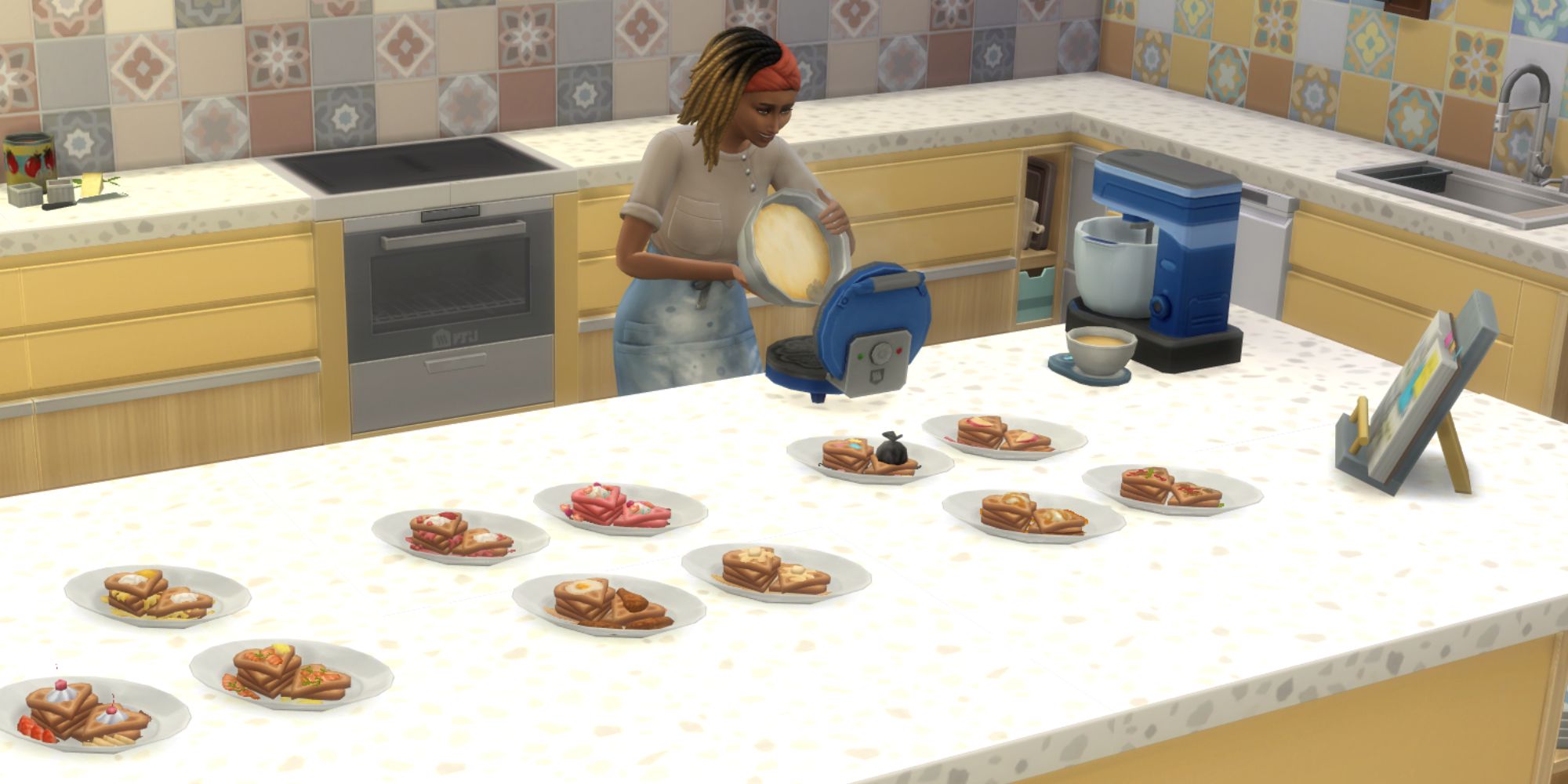 The SIms 4 HCH A Sim baking next to all the waffles on a counter
