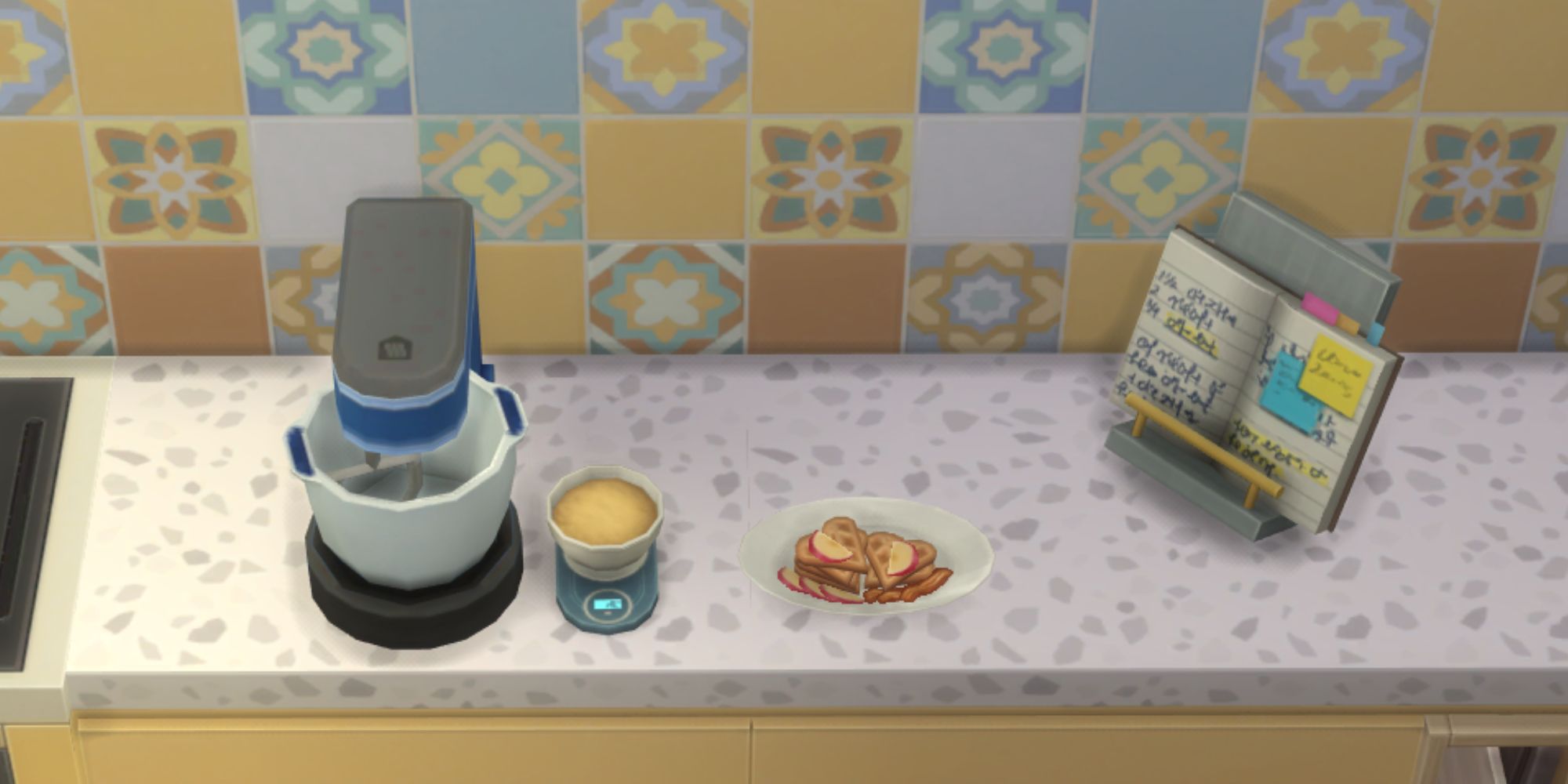 The Sims 4 HCH apple bacon waffles on side with mixer and recipe book