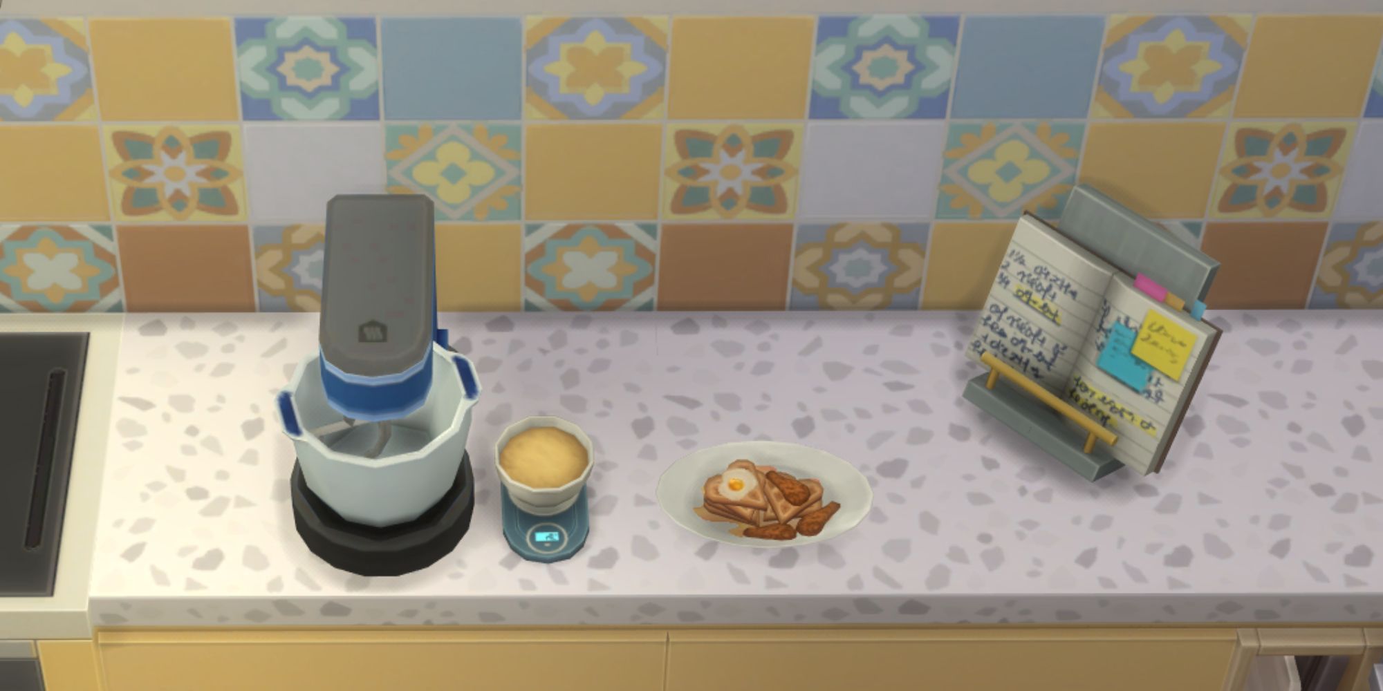 The Sims 4 HCH Chicken Waffles on side with mixer and recipe book