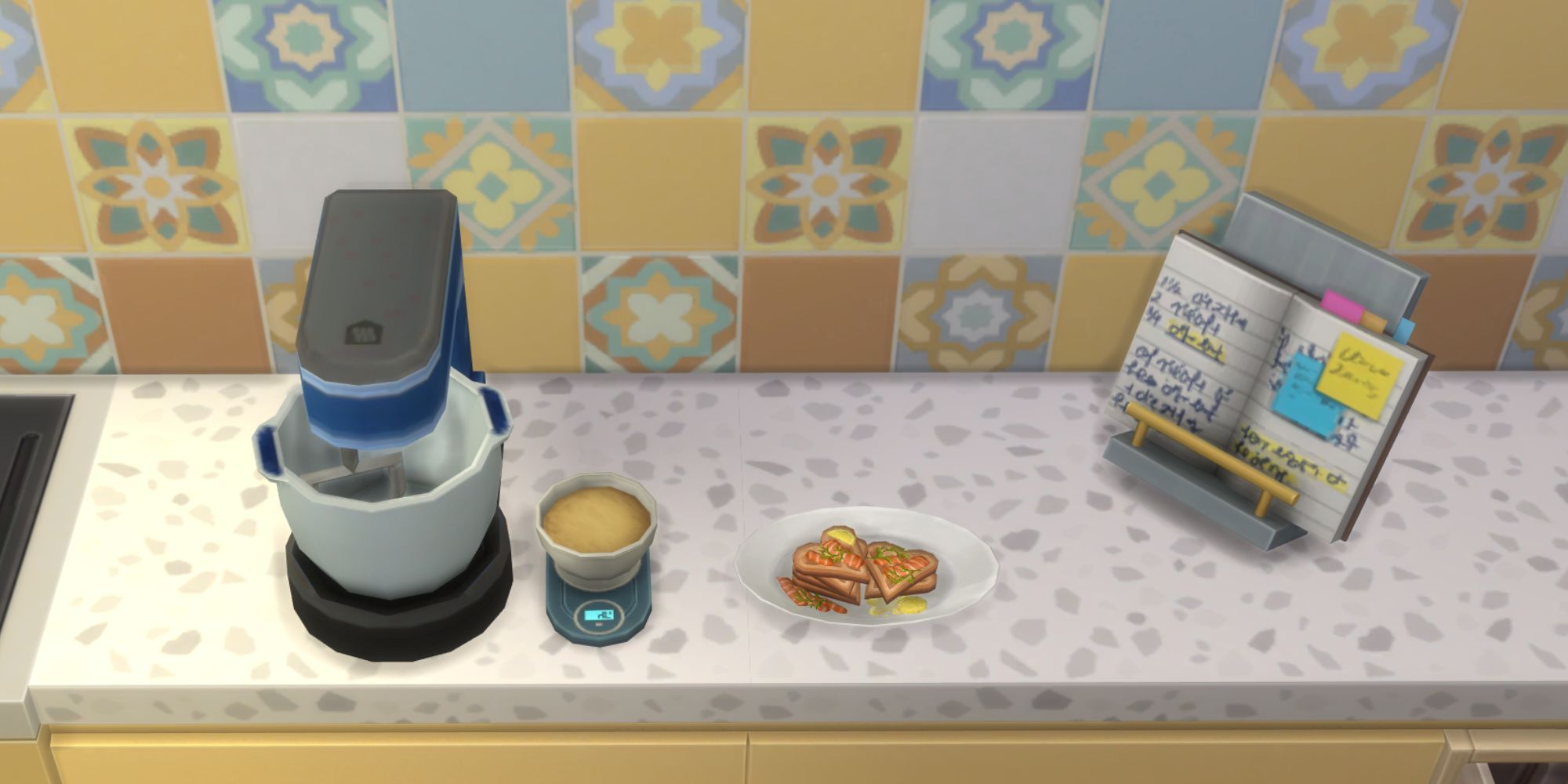 The Sims 4 HCH Cured Fish Waffles on side with mixer and recipe book
