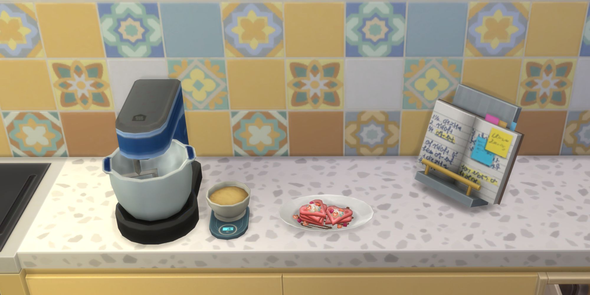 The Sims 4 HCH Hearts Desire Waffles on side with mixer and recipe book