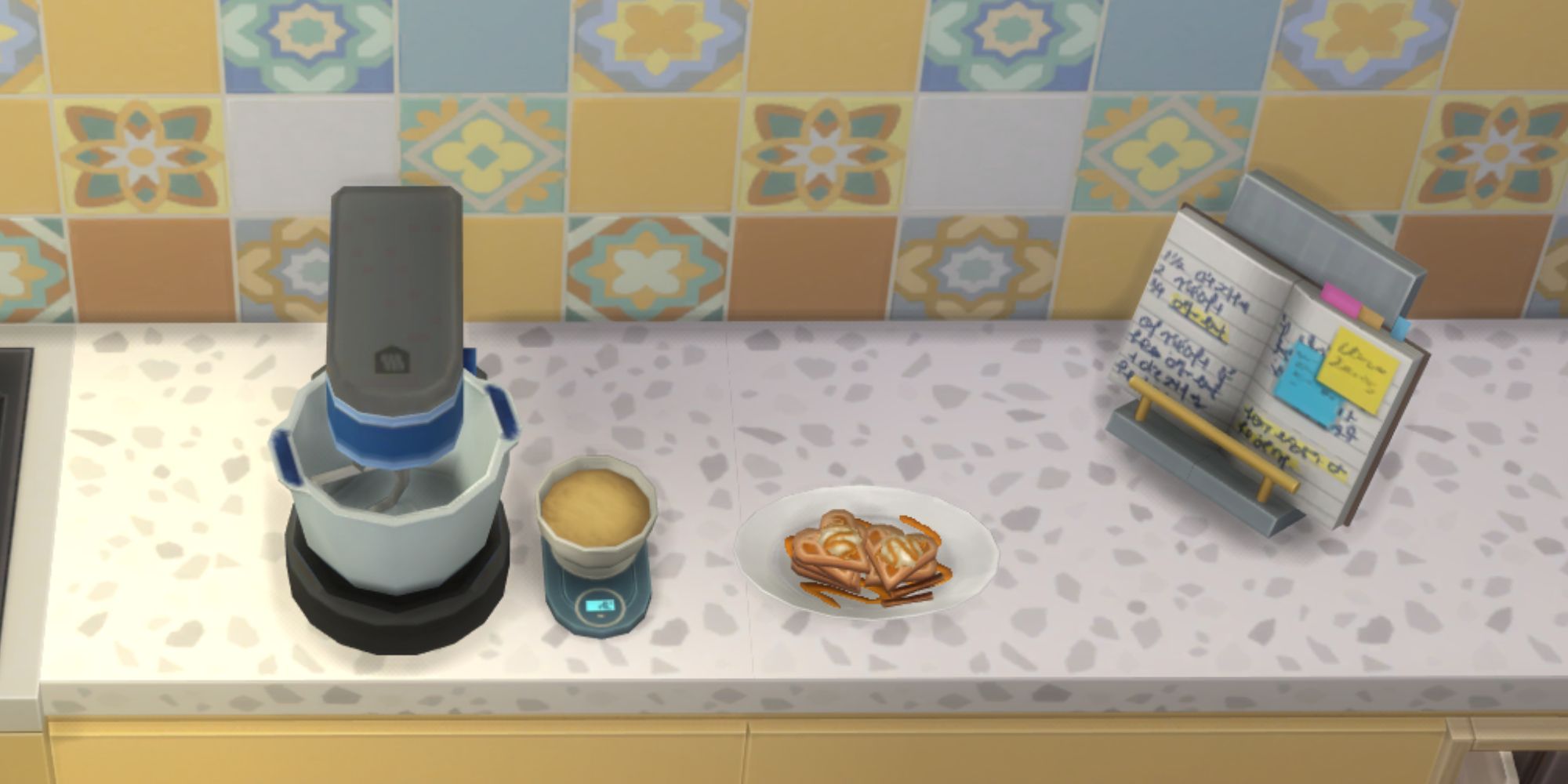 The Sims 4 HCH Pumpkin spice waffles on side with mixer and recipe book-1