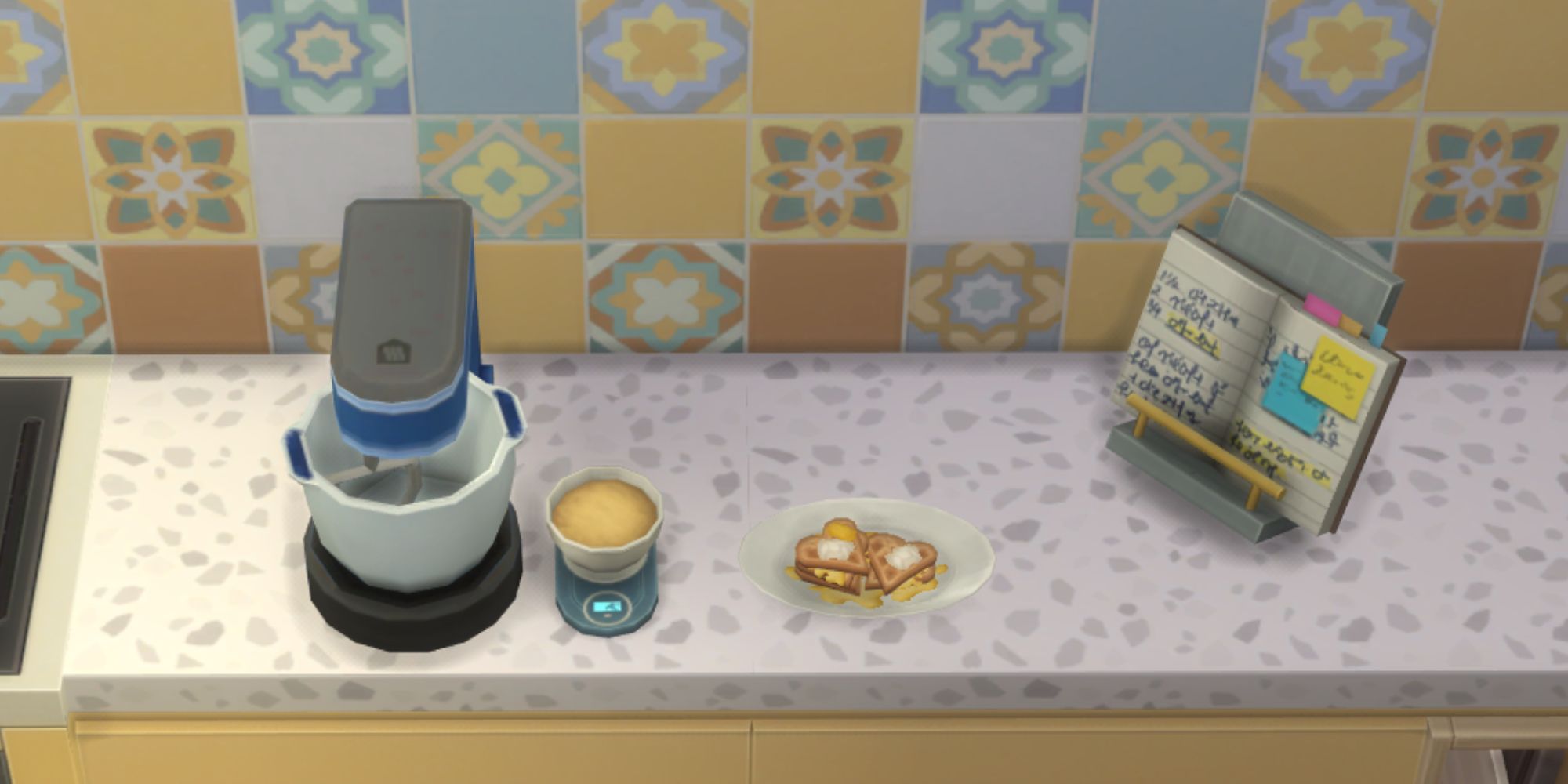 The Sims 4 HCH Saffron waffles on side with mixer and recipe book