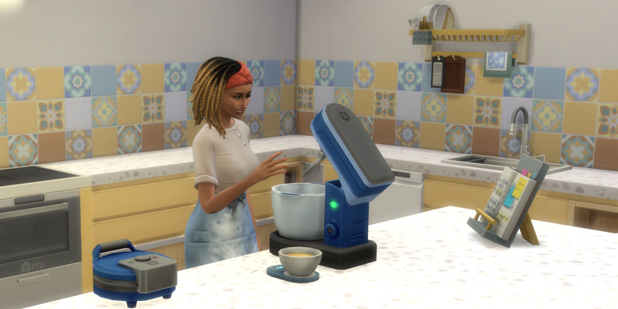 The Sims 4 HCH Sim using the stand mixer in a kitchen