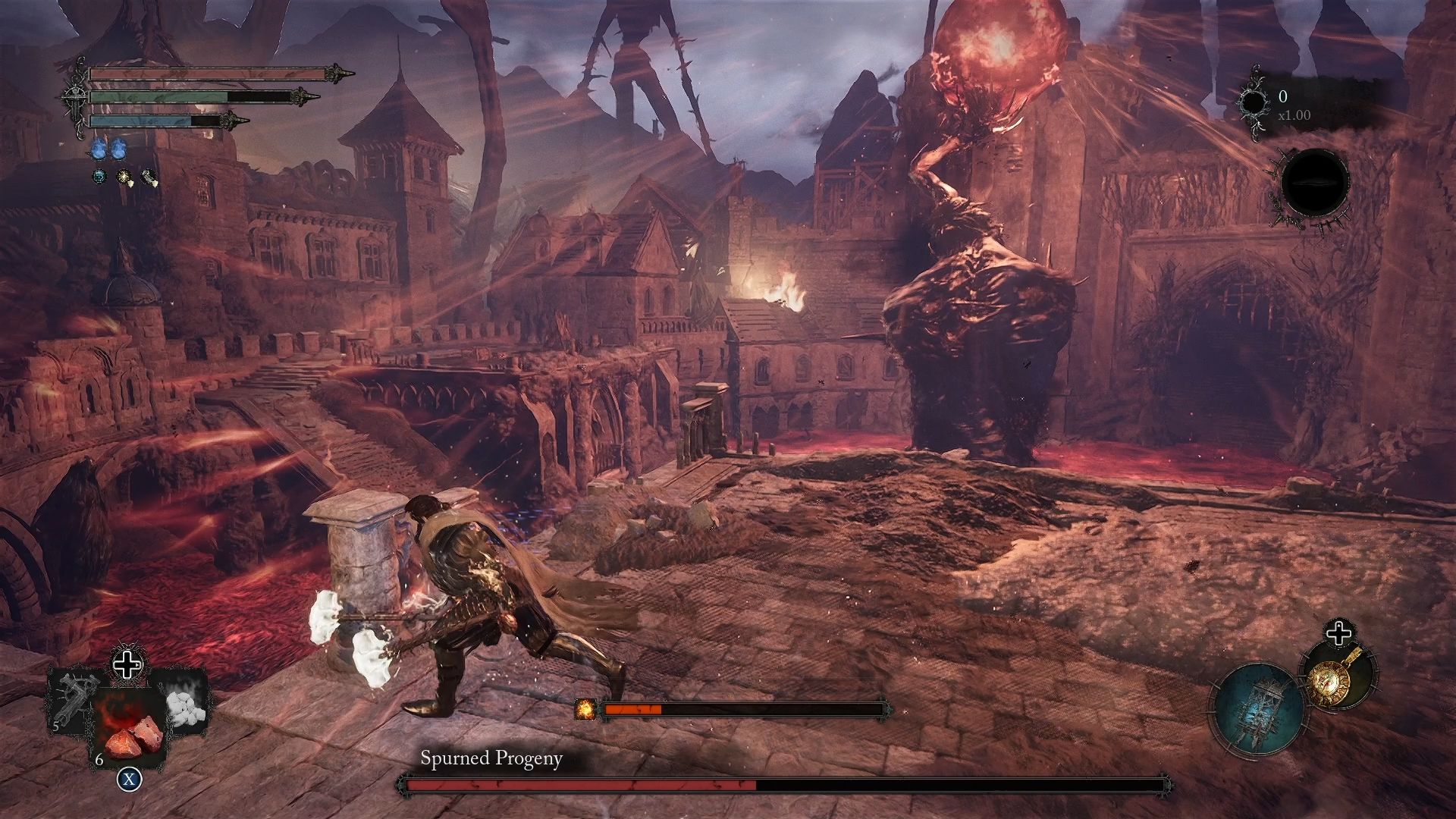 The Spurned Progeny is summoning a giant fire orb to perform his deadly attack as the player running to find cover Lords of the Fallen