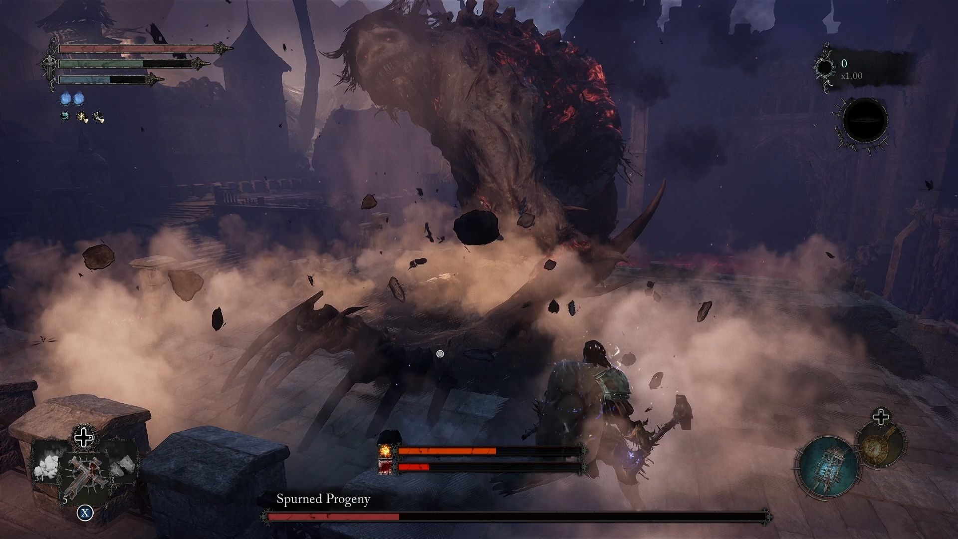 The Spurned Progeny slammed the ground with his hand and the player is dodging this attack Lords of the Fallen