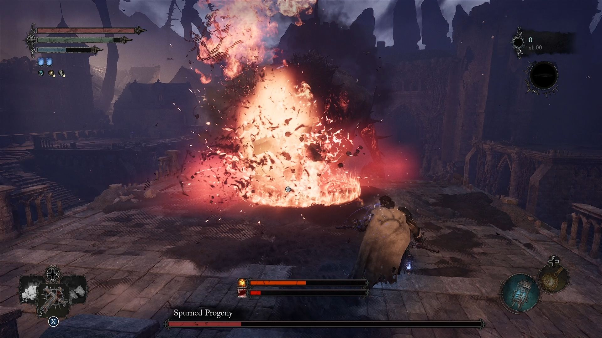 The Spurned Progeny smashed the ground with fire to perform his Ignite shockwave attack Lords of the Fallen