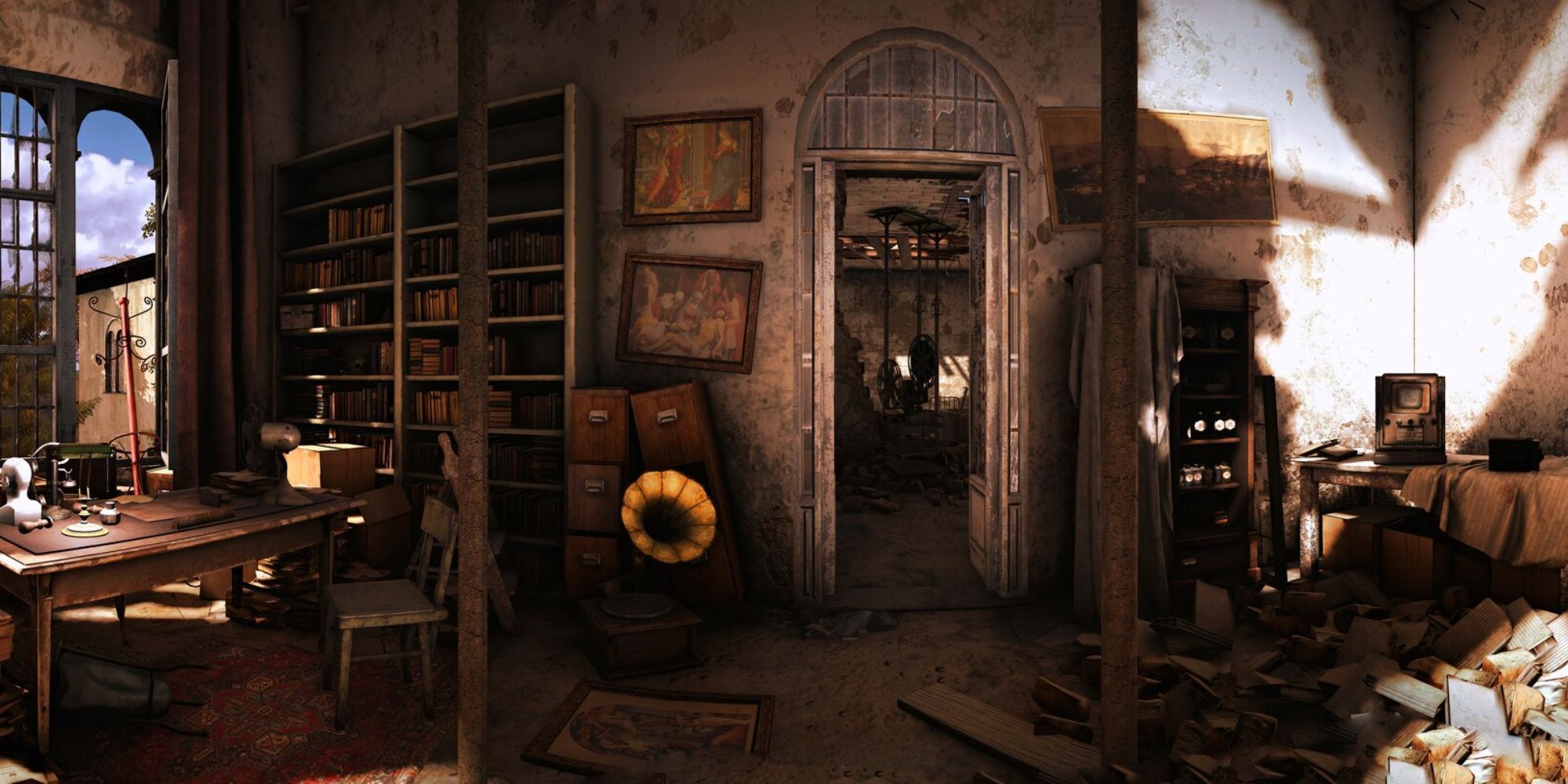 A derelict room filled with books, broken glass, damaged furniture, and other debris.