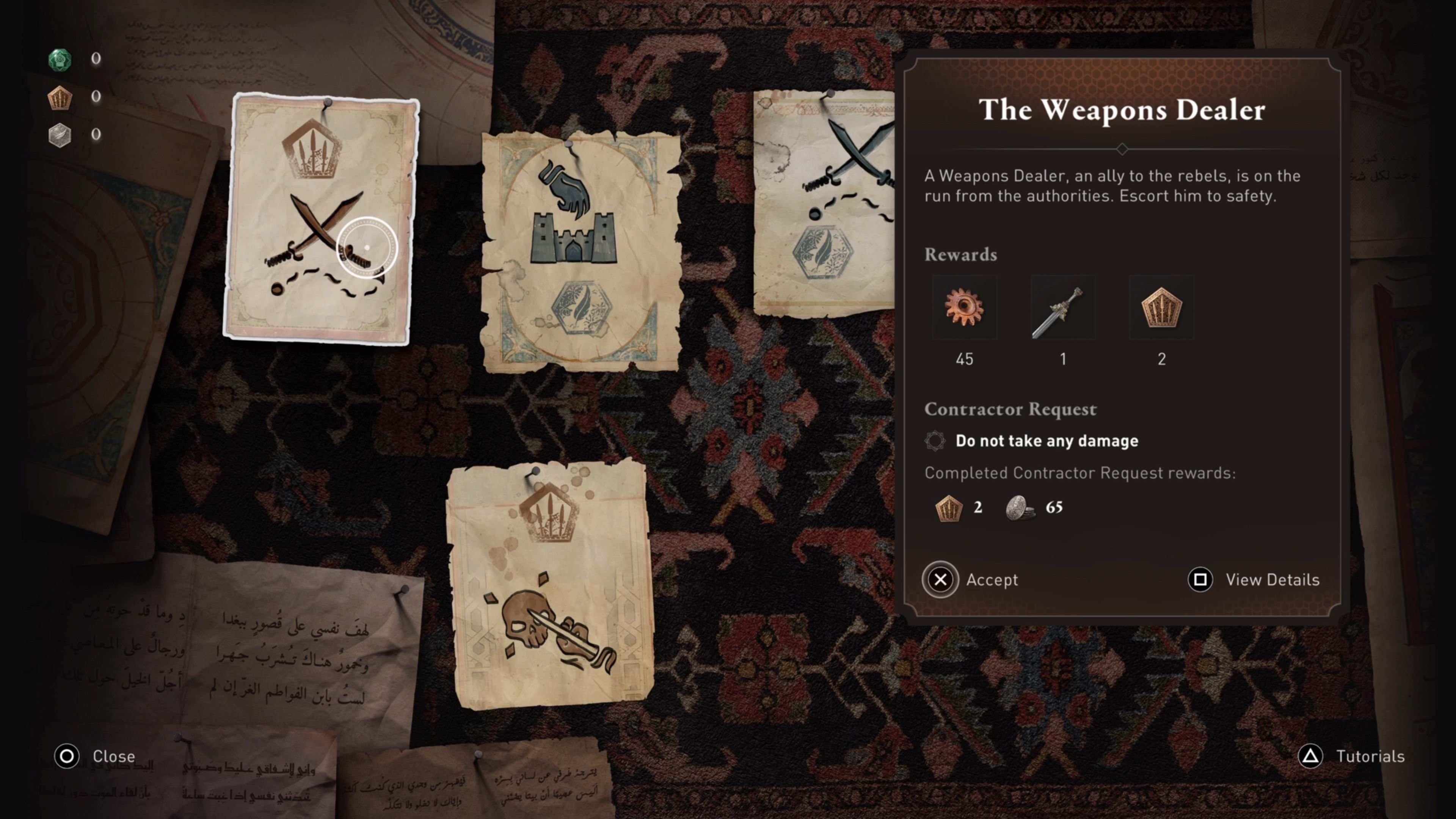 Selecting Weapons Dealer contract mission found at Contract board in Assassin's Creed Mirage