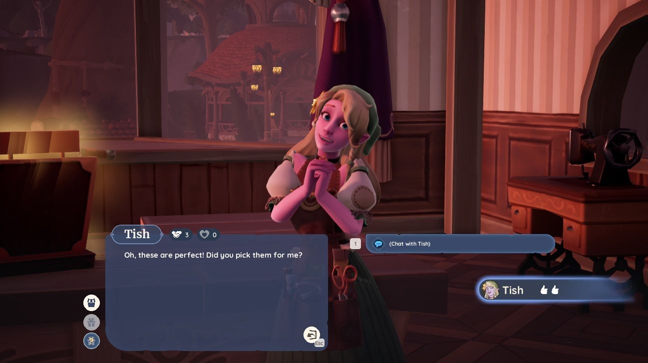 Player character speaking to Tish while she's in Jel's shop in the evening and gifting her a liked item to get a boost in relationship in Palia.