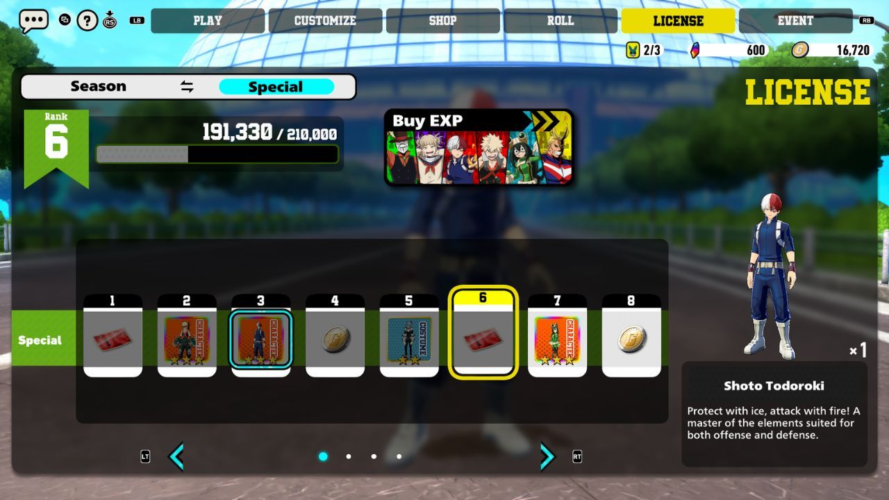 Todoroki among other rewards in the Special License.