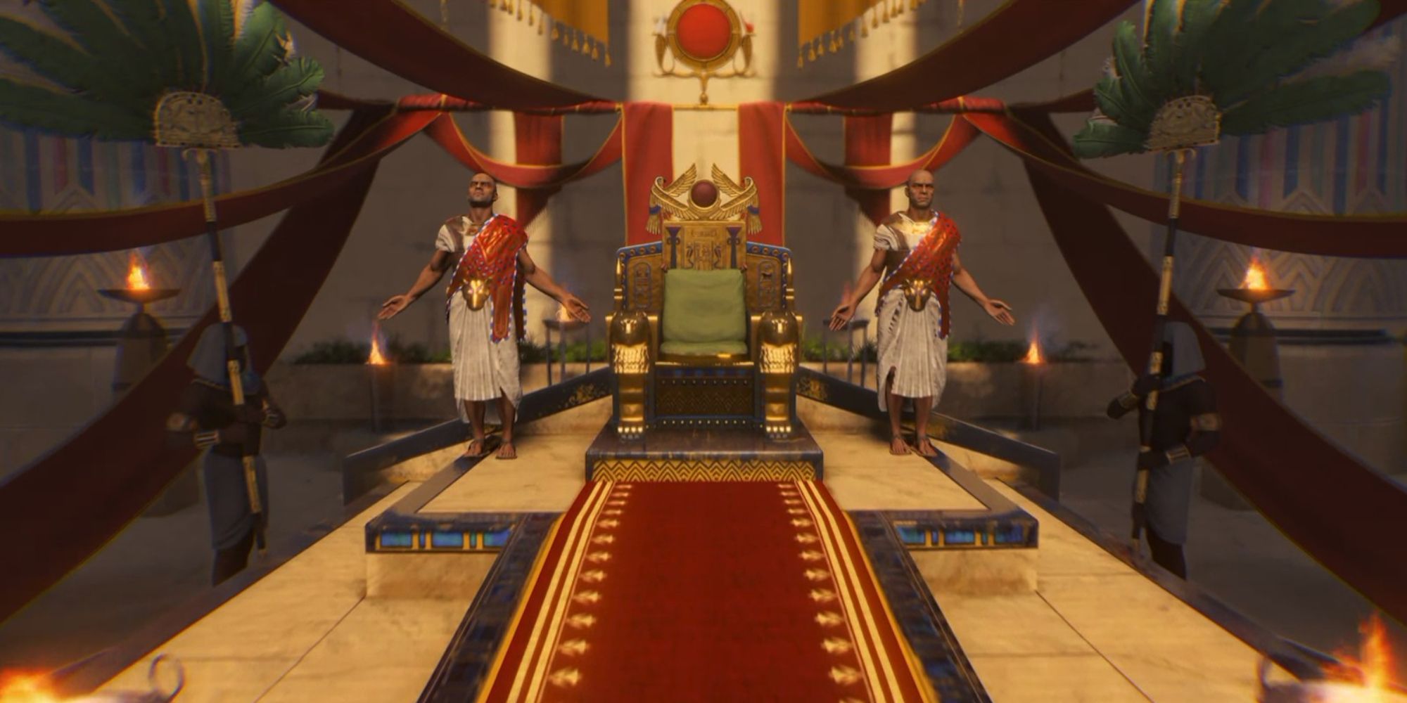 the player approaches the Egyptian throne in first-person during the coronation cutscene for Total War: Pharaoh