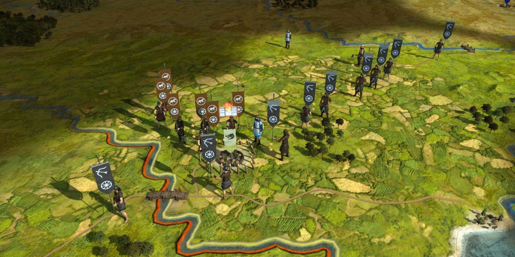 A green battle map showing allied and enemy forces fighting over contested territory in Total War: Rome Remastered.