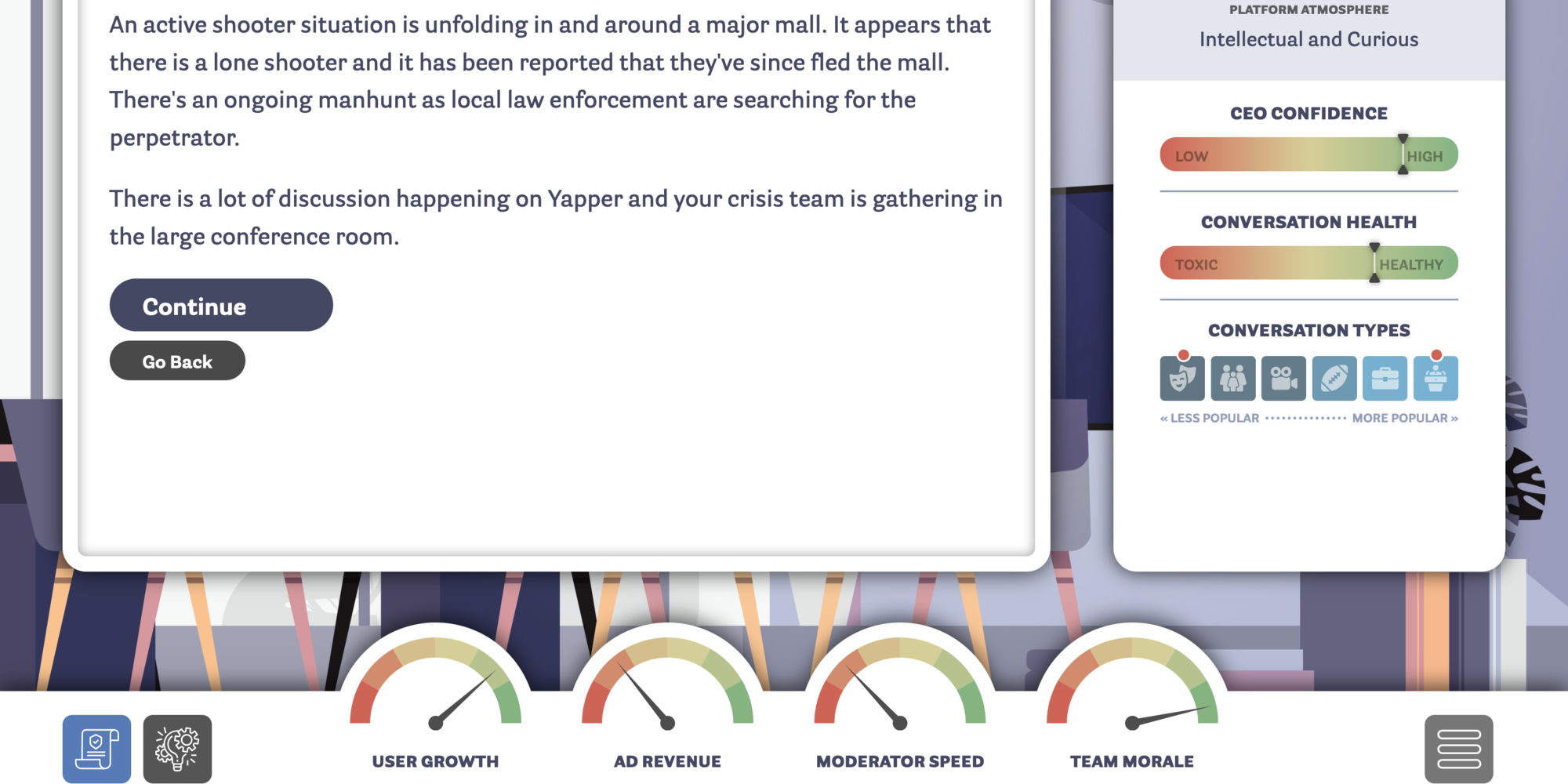 A scenario in Trust and Safety Tycoon where you have to decide how to manage posts about an active shooter situation