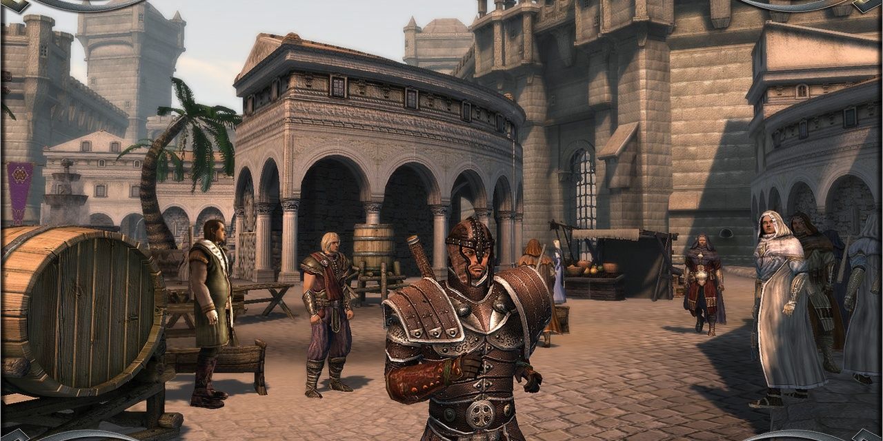 Two Worlds In-game shot of an armoured character running in a bustling town