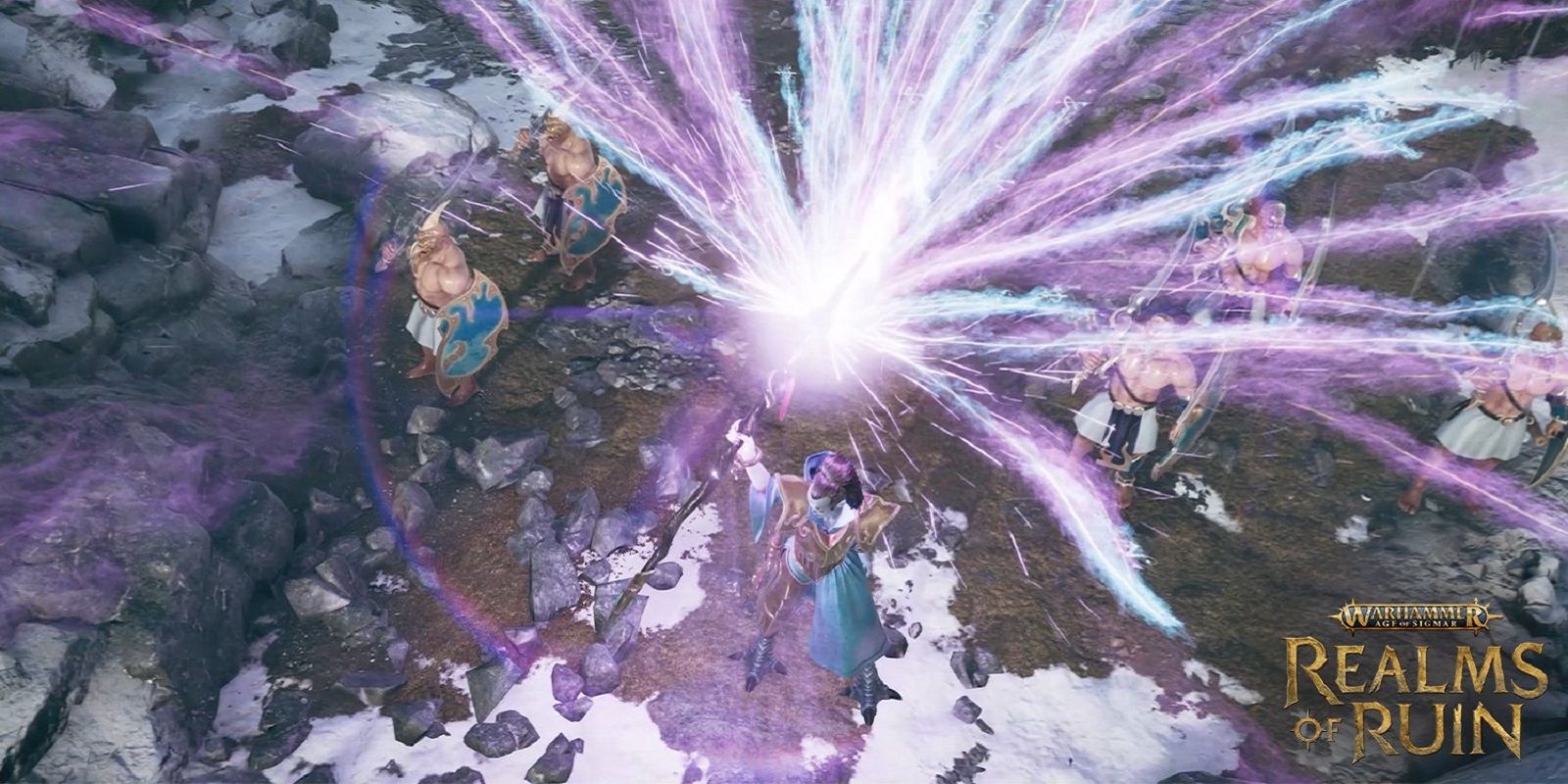 tzeentch sorcerer casting a purple spell in warhammer realms of ruin