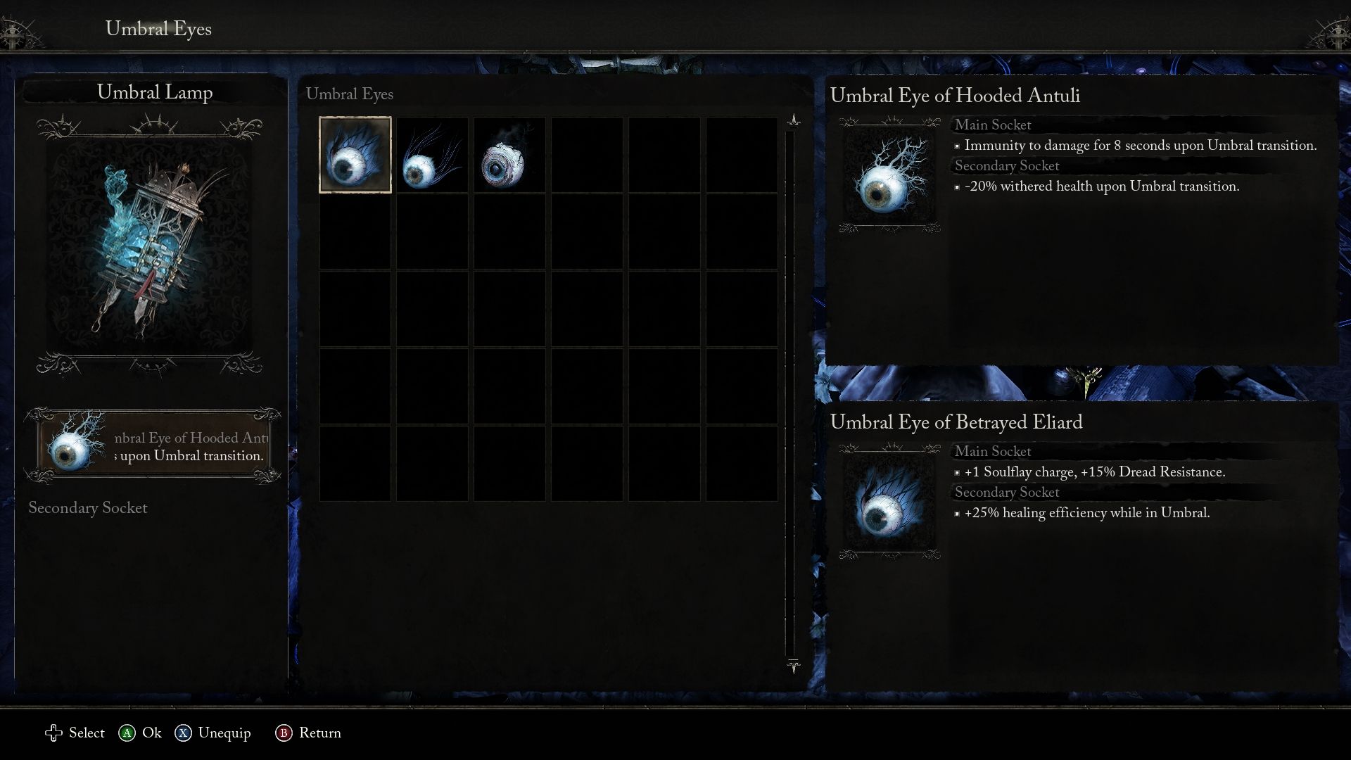 Umbral Eye Socket menu in lords of the fallen 