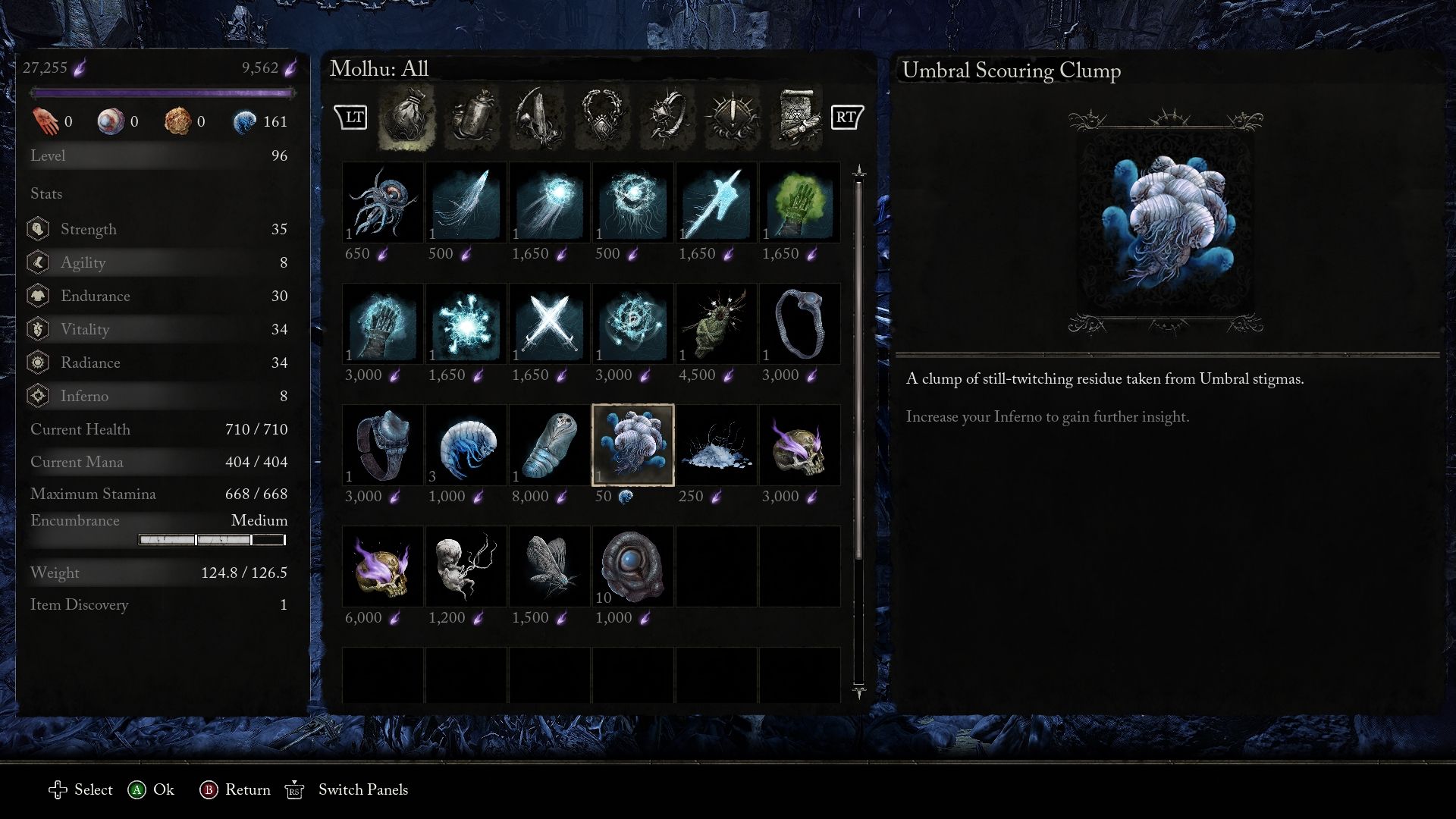 Umbral Scouring Clump costs 50 Umbral Scourings at Molhu's shop Lords of the Fallen