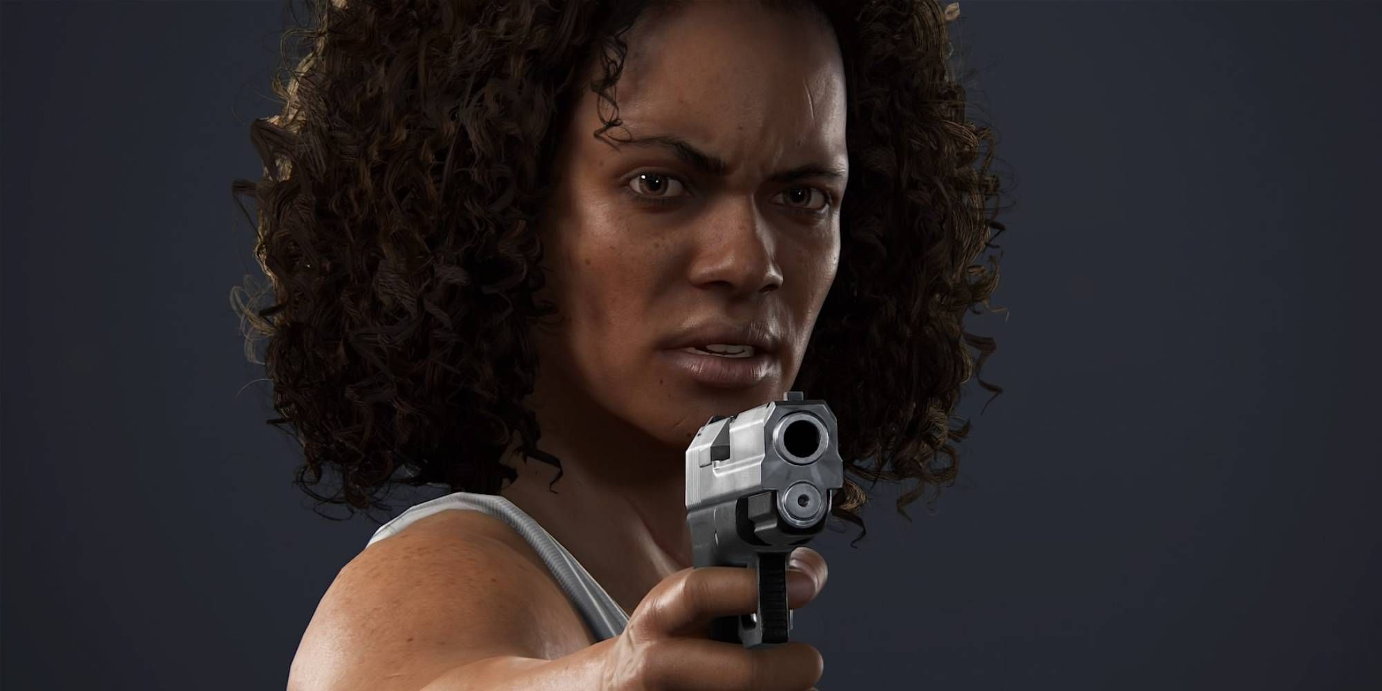 Nadine from Uncharted 4 holding a pistol up