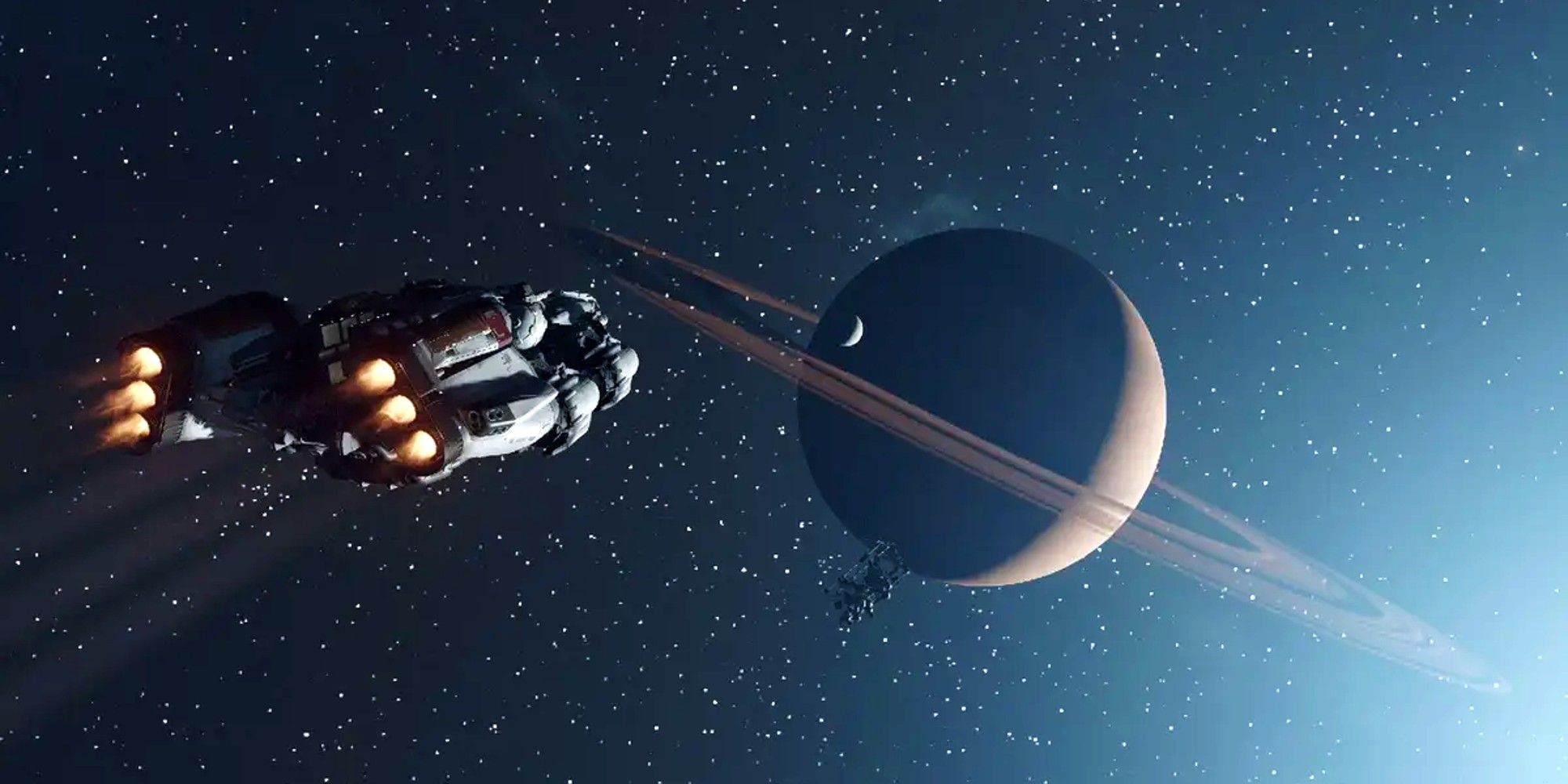 A ship heading toward a planet after finishing a Grav jump