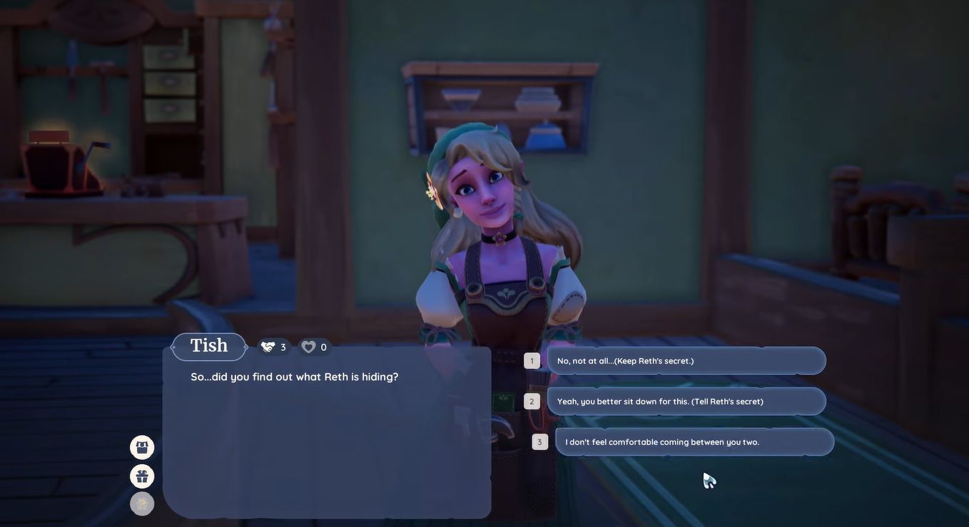Player character speaking to Tish in her furniture store and deciding between three dialogue choices in Secrets, Secrets in Palia.