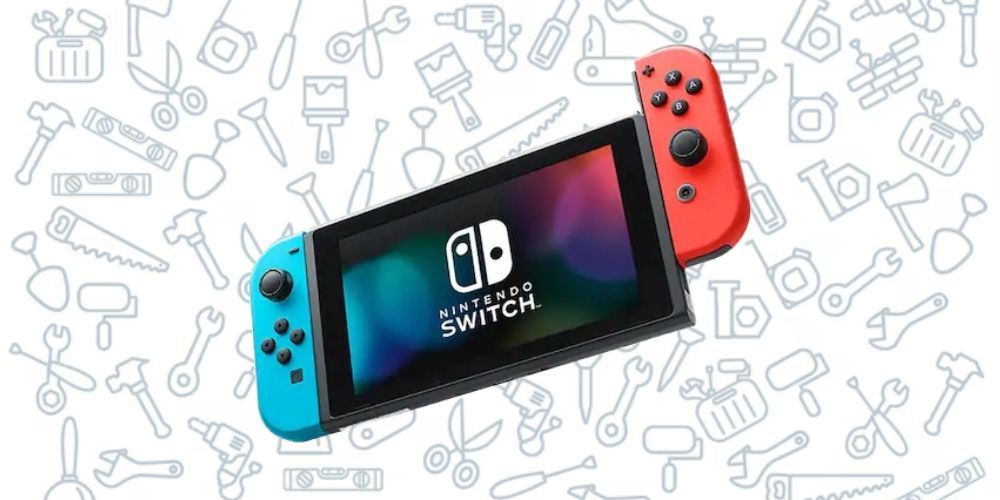 Nintendo Switch with Joy Cons attached over white background with cartoon tools