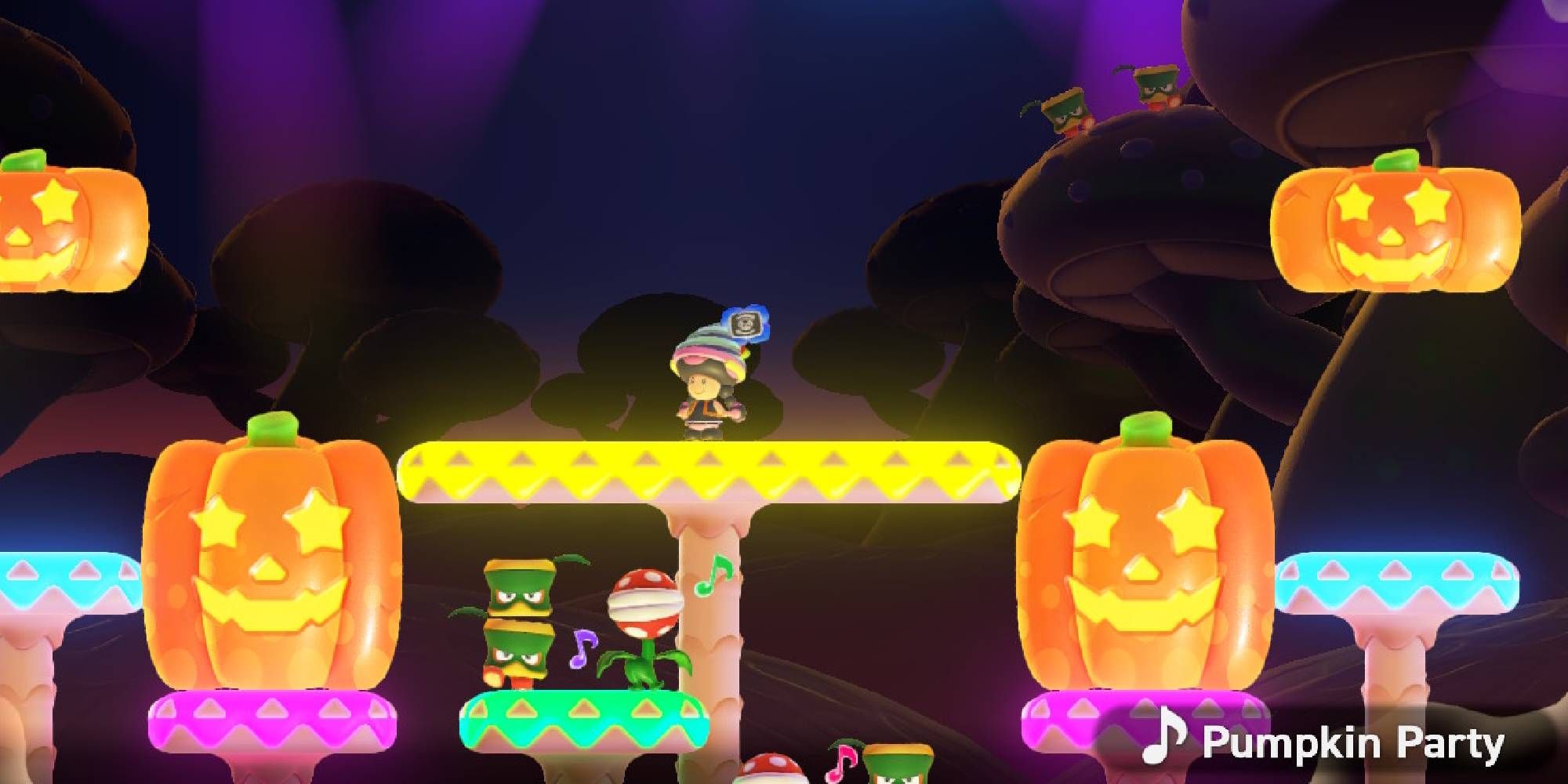 drill toadette surrounded by glowing toadstools and pumpkins in upshroom downshroom