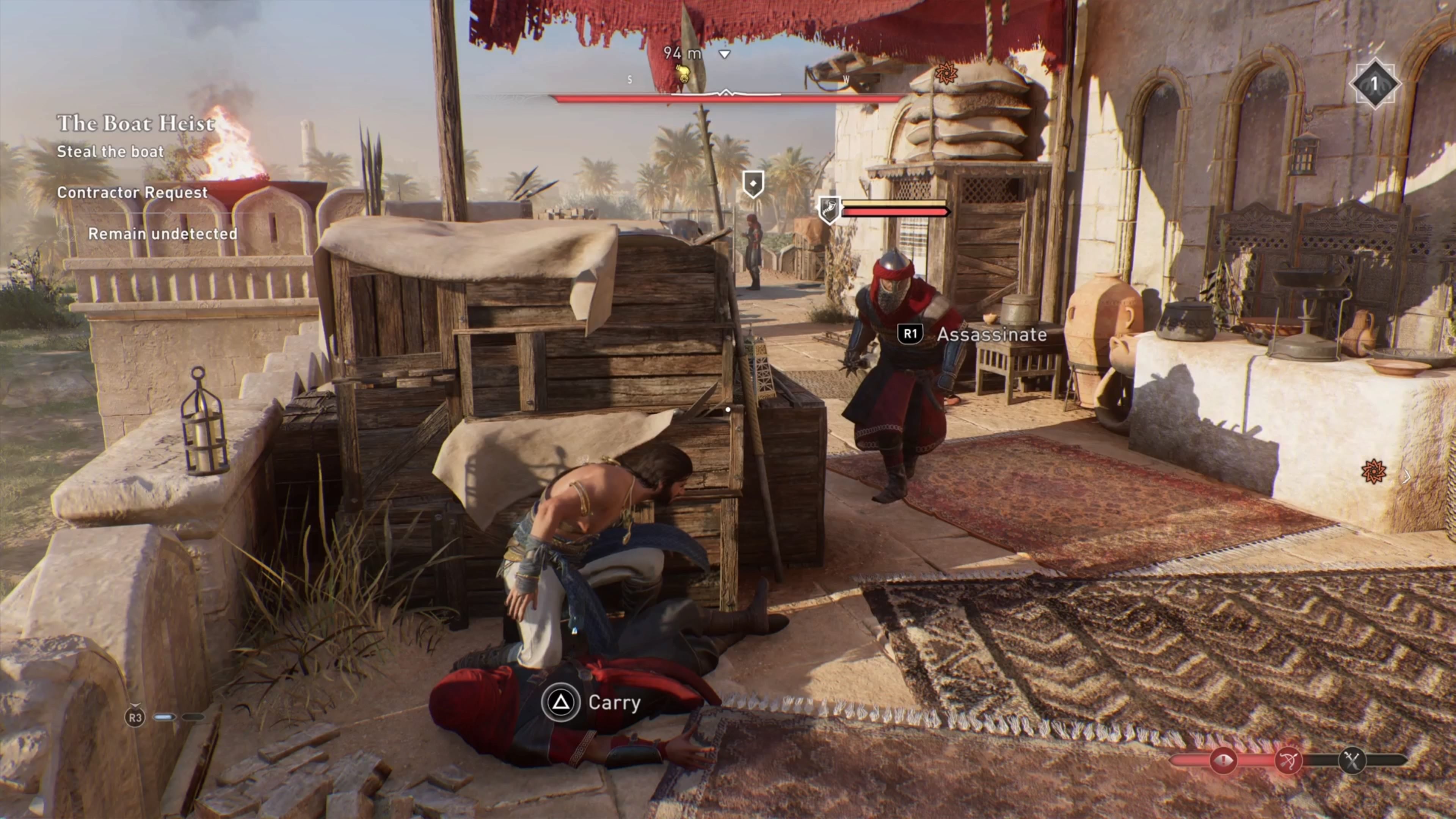 Basim is using cover assassination to take out armor guard in Assassin's Creed Mirage