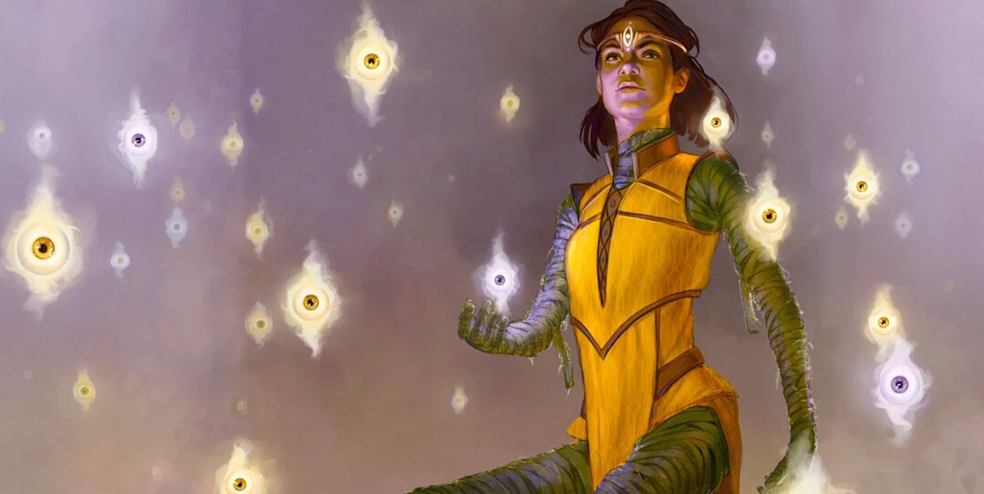 A mummy lord wearing yellow hovers next to magic eyes.