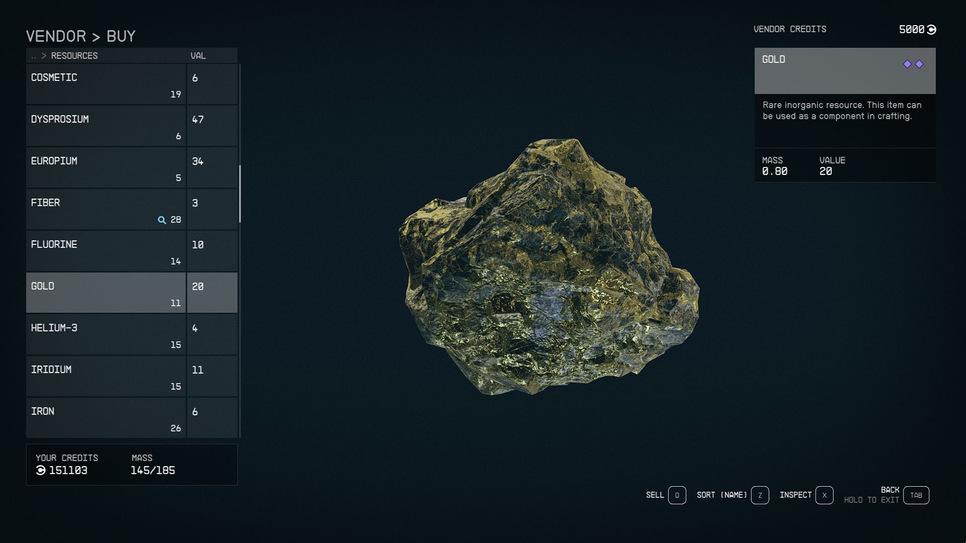 Vendor offering Gold in Starfield