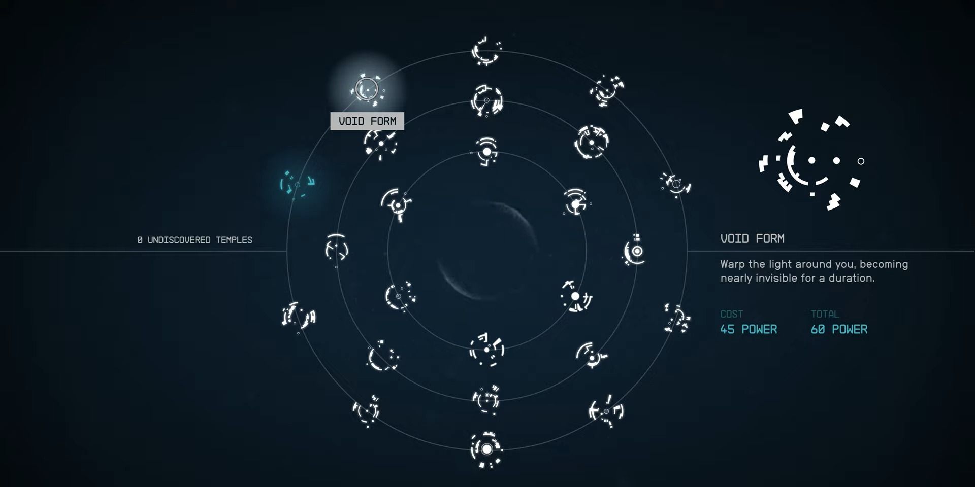 Menu view of Starfield's powers, highlighting Void Form