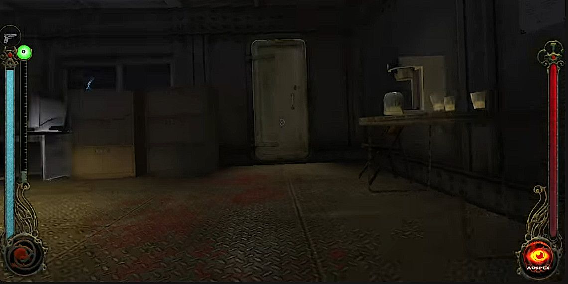 Screenshot from Vampire the Masquerade: Bloodlines, showing the interior of a cabin on a ship. Bloodstains are visible on the floor.