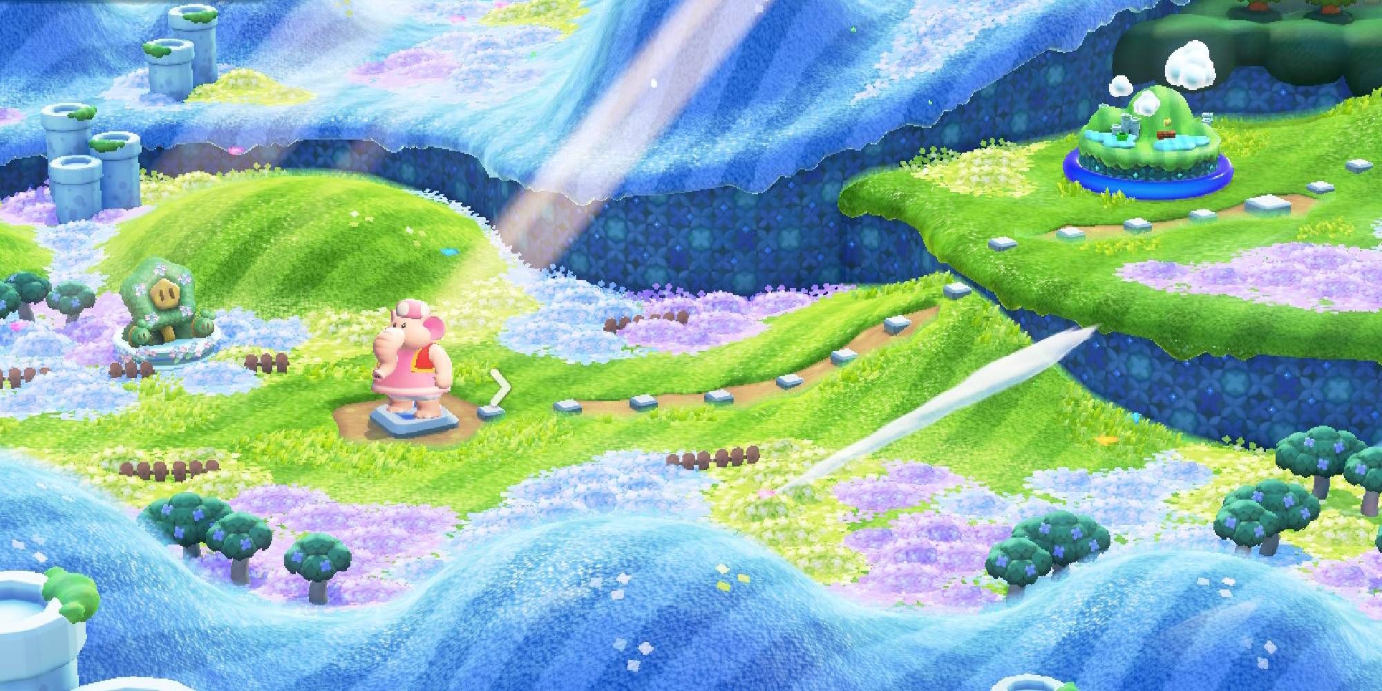 elephant toadette standing at the start of world 1 pipe rock plateau