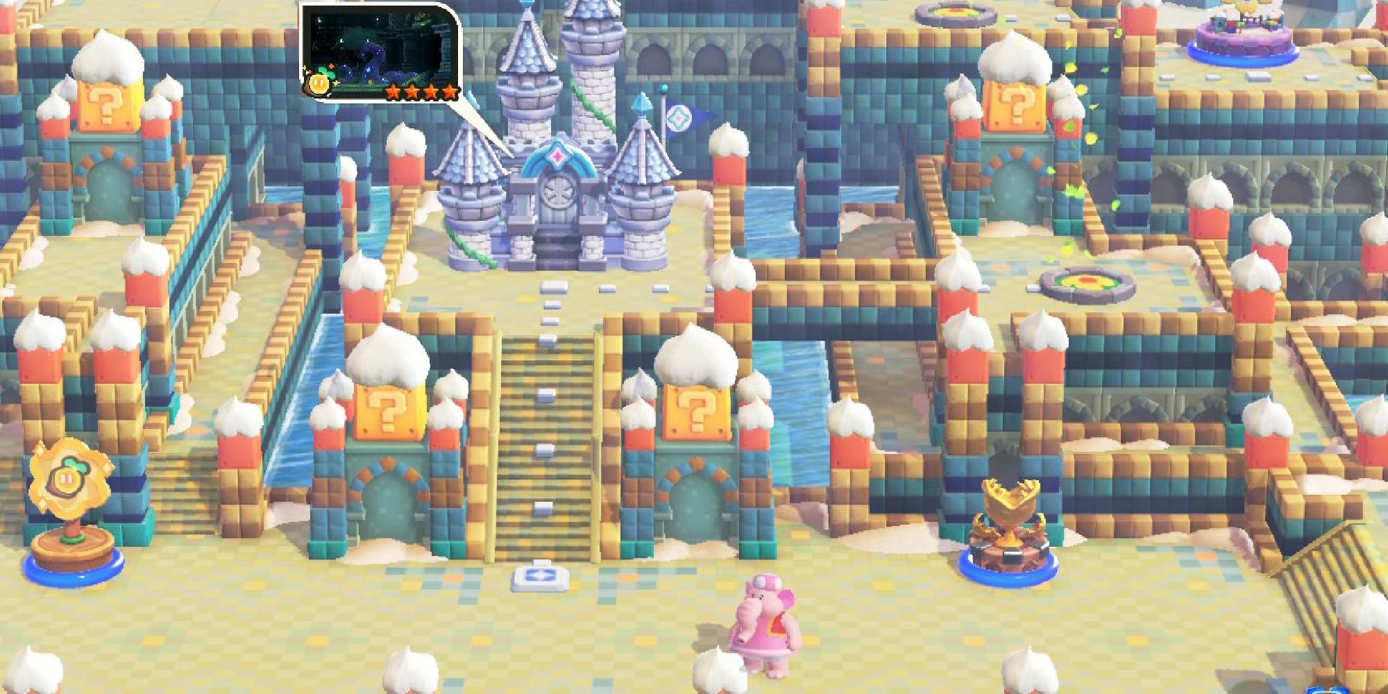 elephant toadette standing by the palace in world 4 sunbaked desert