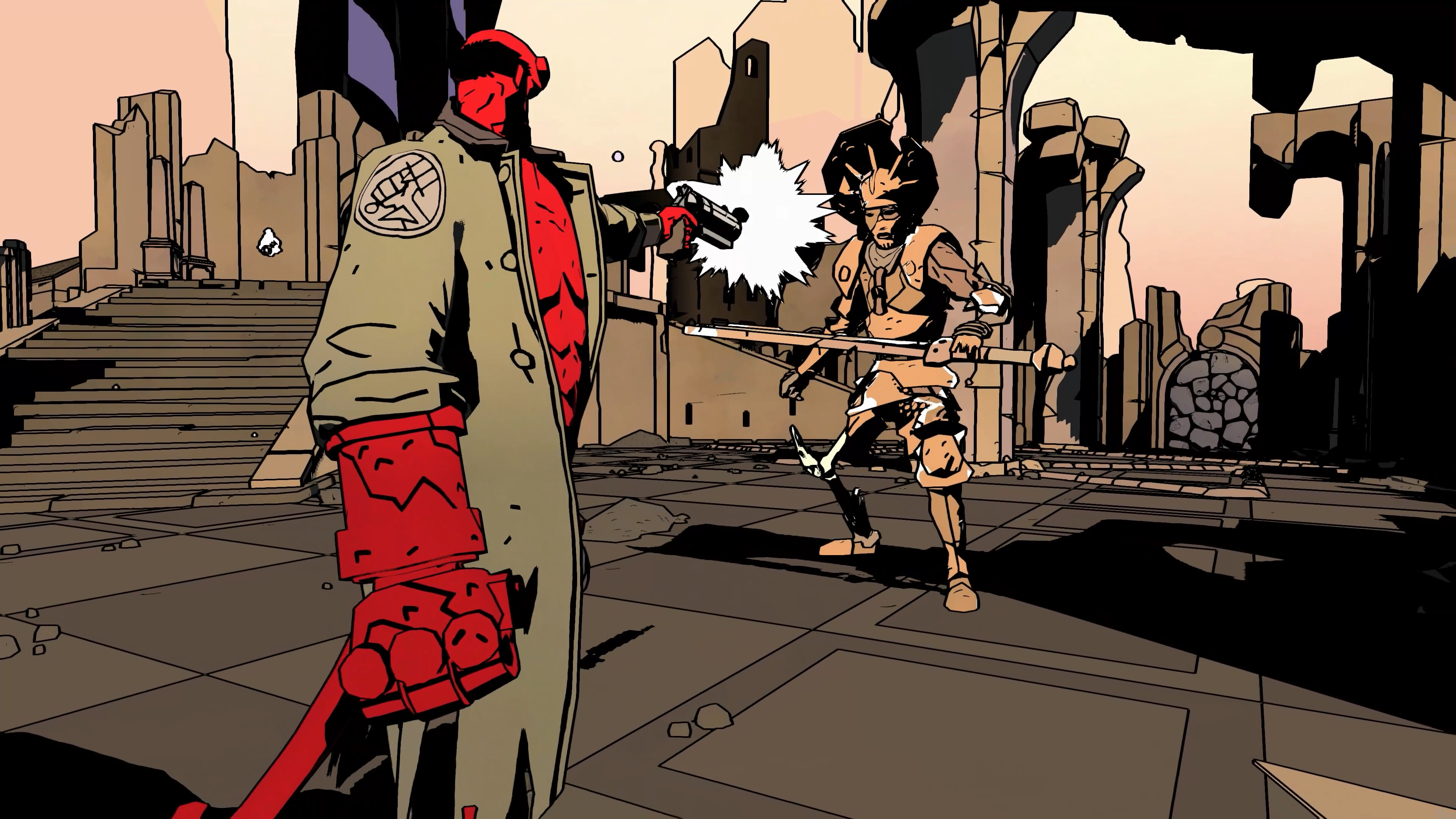 Hellboy shooting an enemy in Web of Wyrd.
