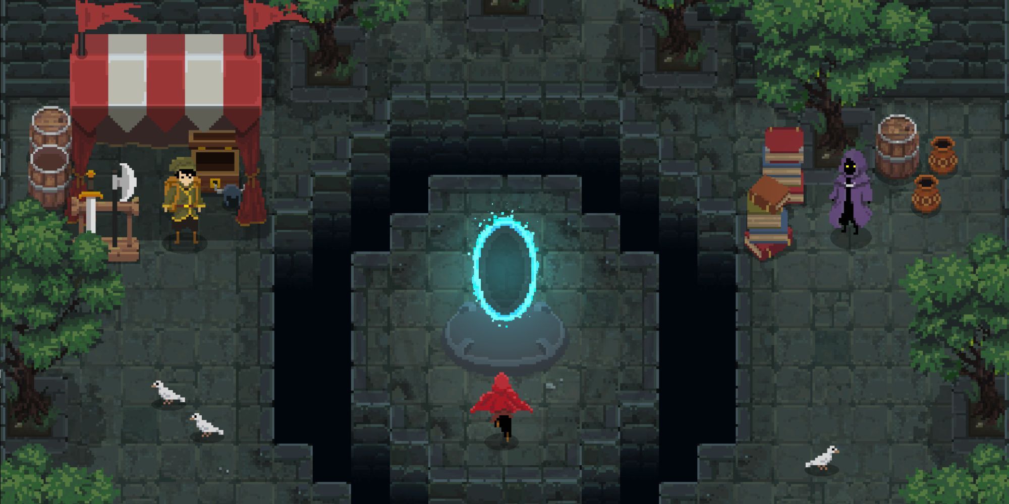 A red-caped wizard sprints towards a bright blue portal.