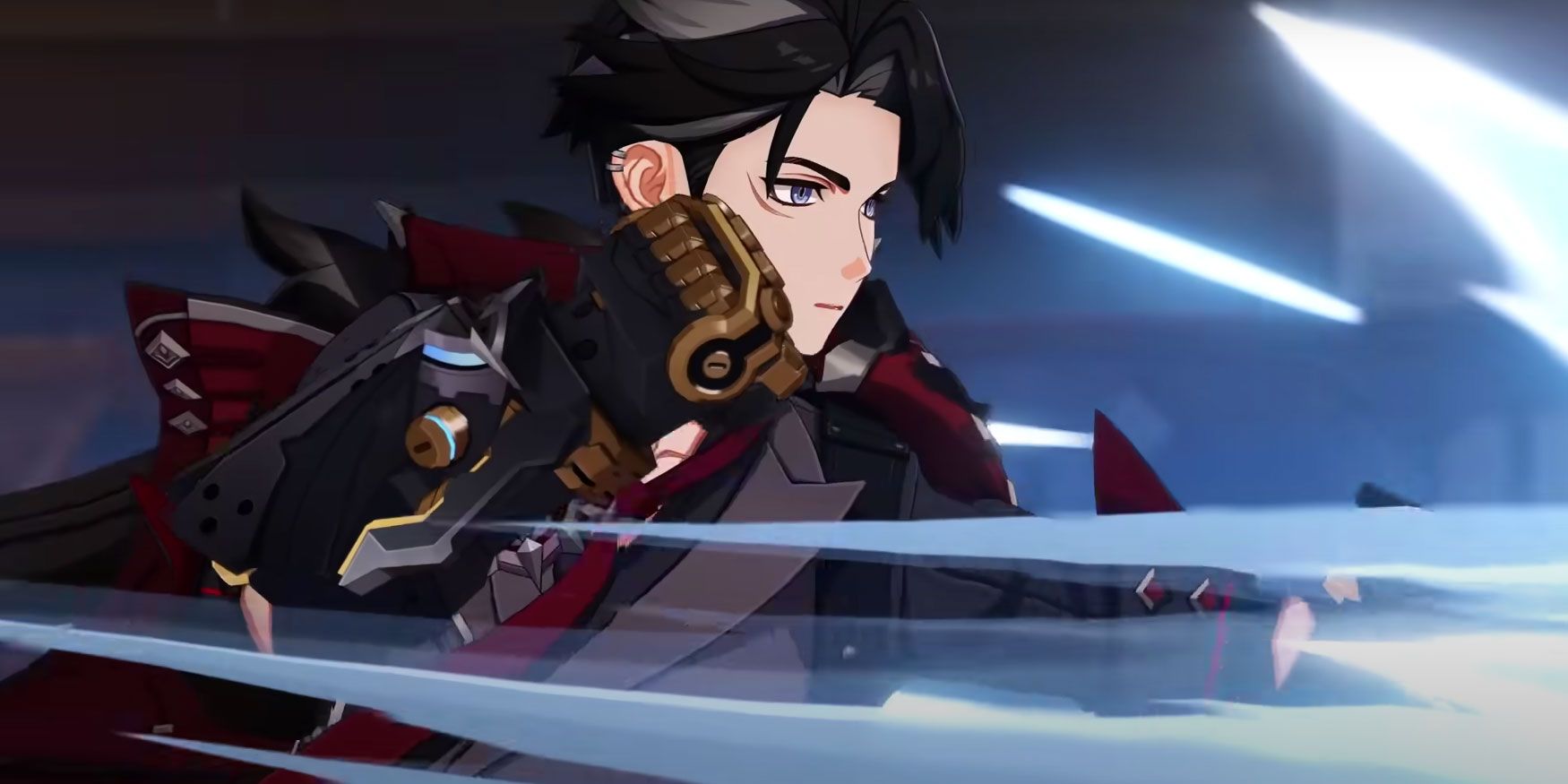 A close-up shot of Wriothesley from Genshin Impact fist fighting. There is an icy aura on the punch he's throwing.