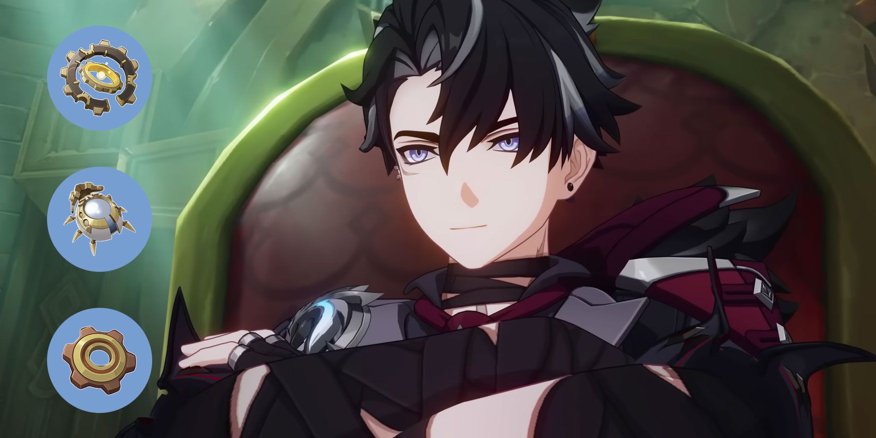 Wriothesley from Genshin Impact sitting in his cushy chair with his arms folded (close up). There are three circles on the left of the image, each holding one of his ascension materials within it.