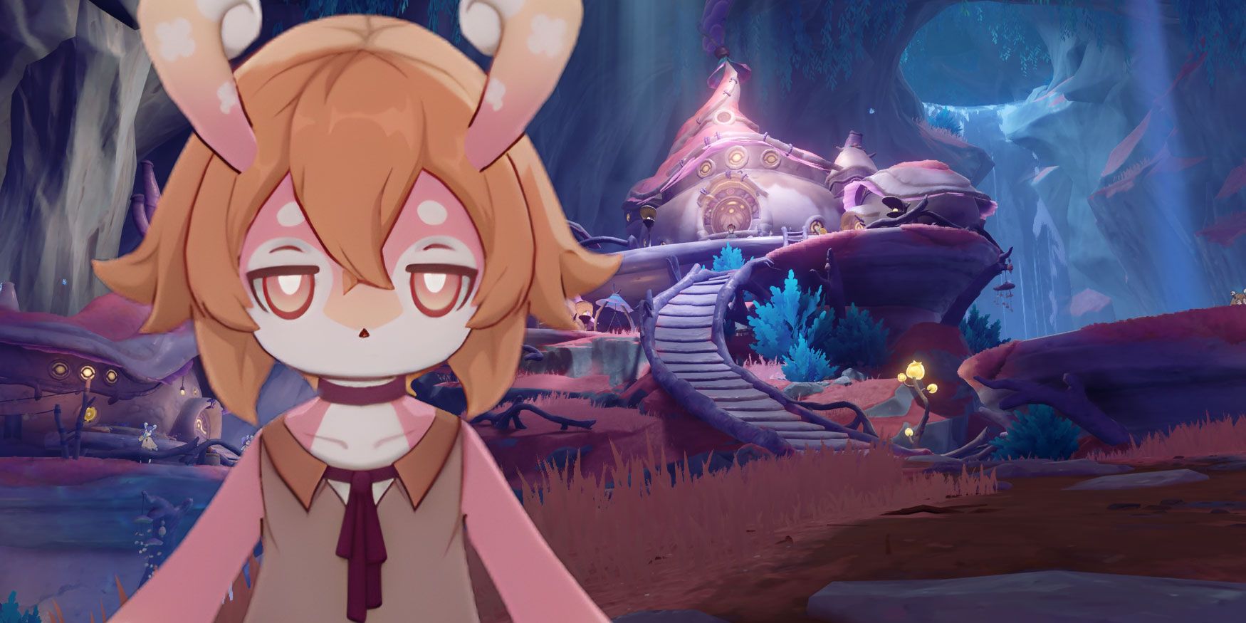 A close up of a Melusine called Xana, a merchant. Behind her, you can see Merusea Village, a location In Fontaine in Genshin Impact.