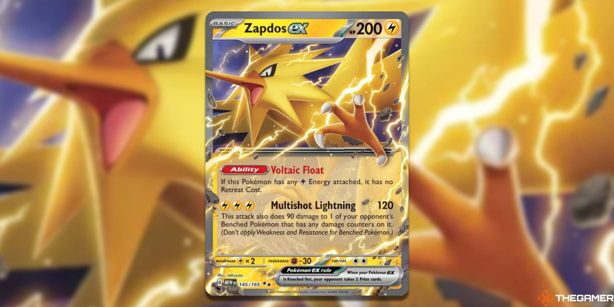 Zapdos ex from SV: Scarlet and Violet 151 set with blurred background