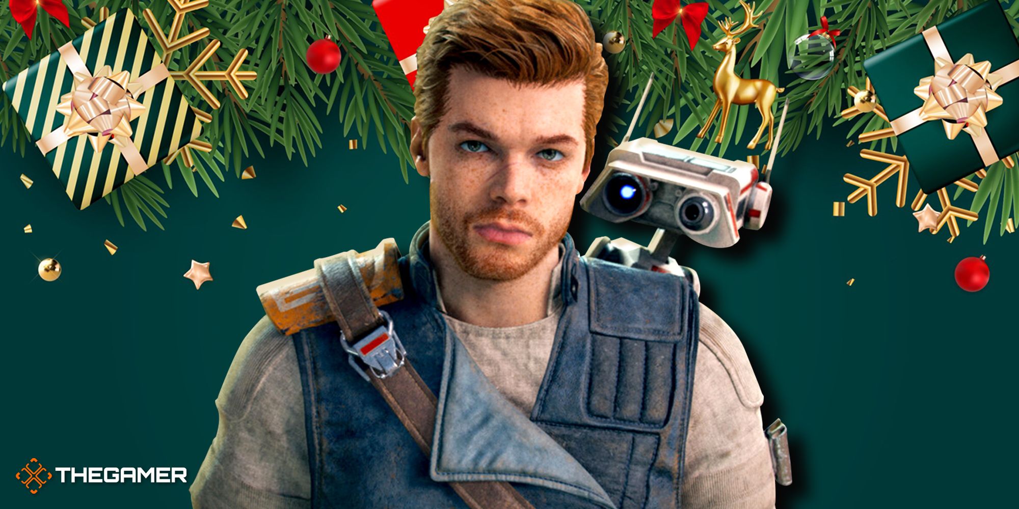 Cal Kestis looking into the camera with BD-1 on his shoulder and a Christmas-themed background