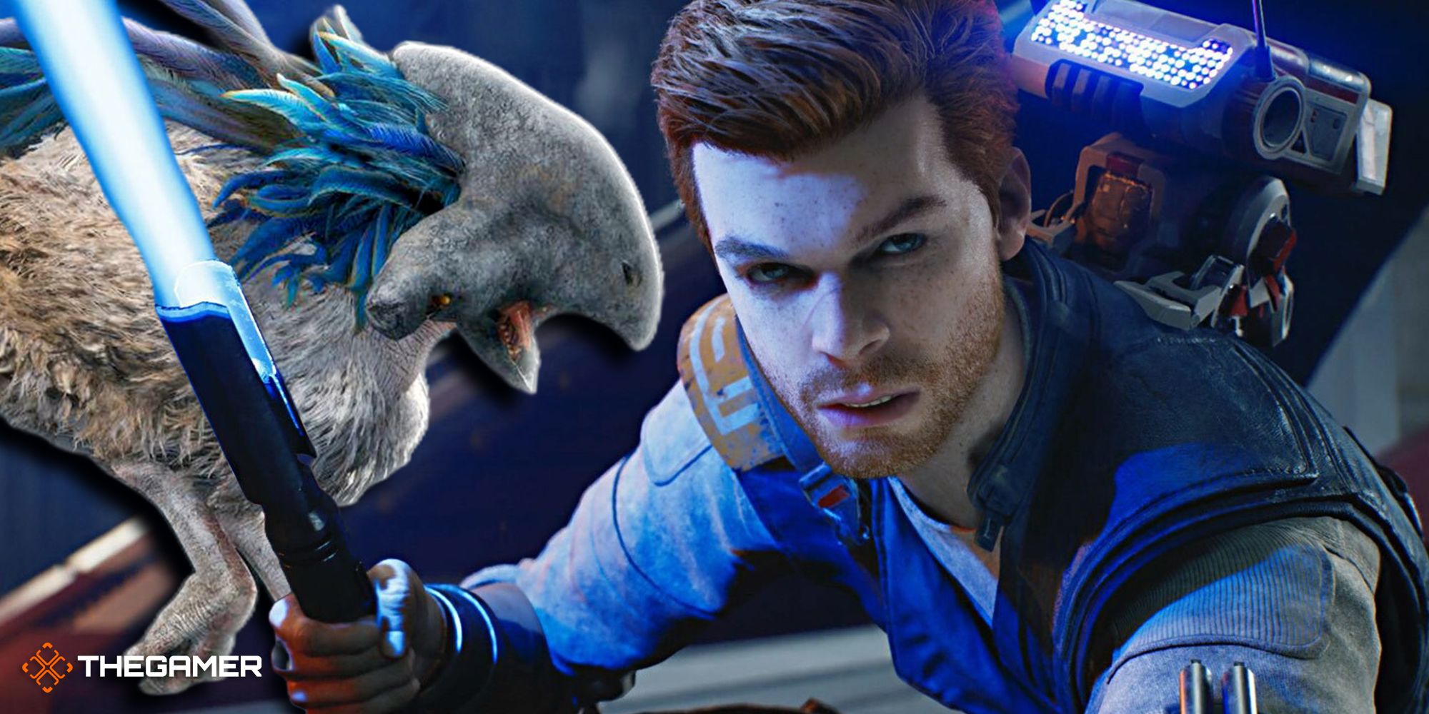 Split image with Cal Kestis in the foreground on the right with blue lightsaber extended and Rawka from Star Wars Jedi Survivor in the background on the left