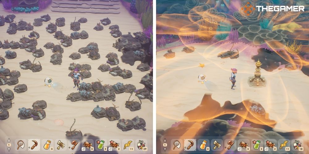 Coral Island: Left: Clearing away trash in the ocean, right: activating one of the beacons to heal the coral