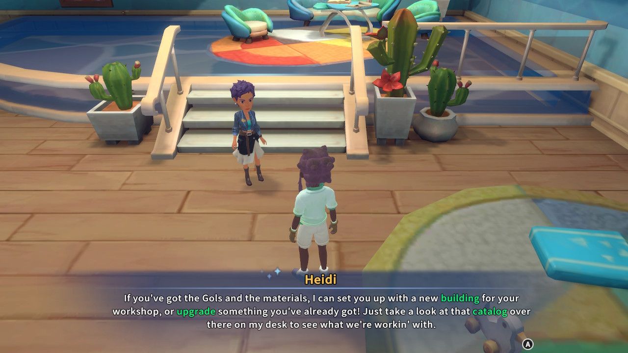Player character speaking to Heidi inside Construction Junction and she explains that she can help expand your house and upgrade things you've made in My Time At Sandrock.